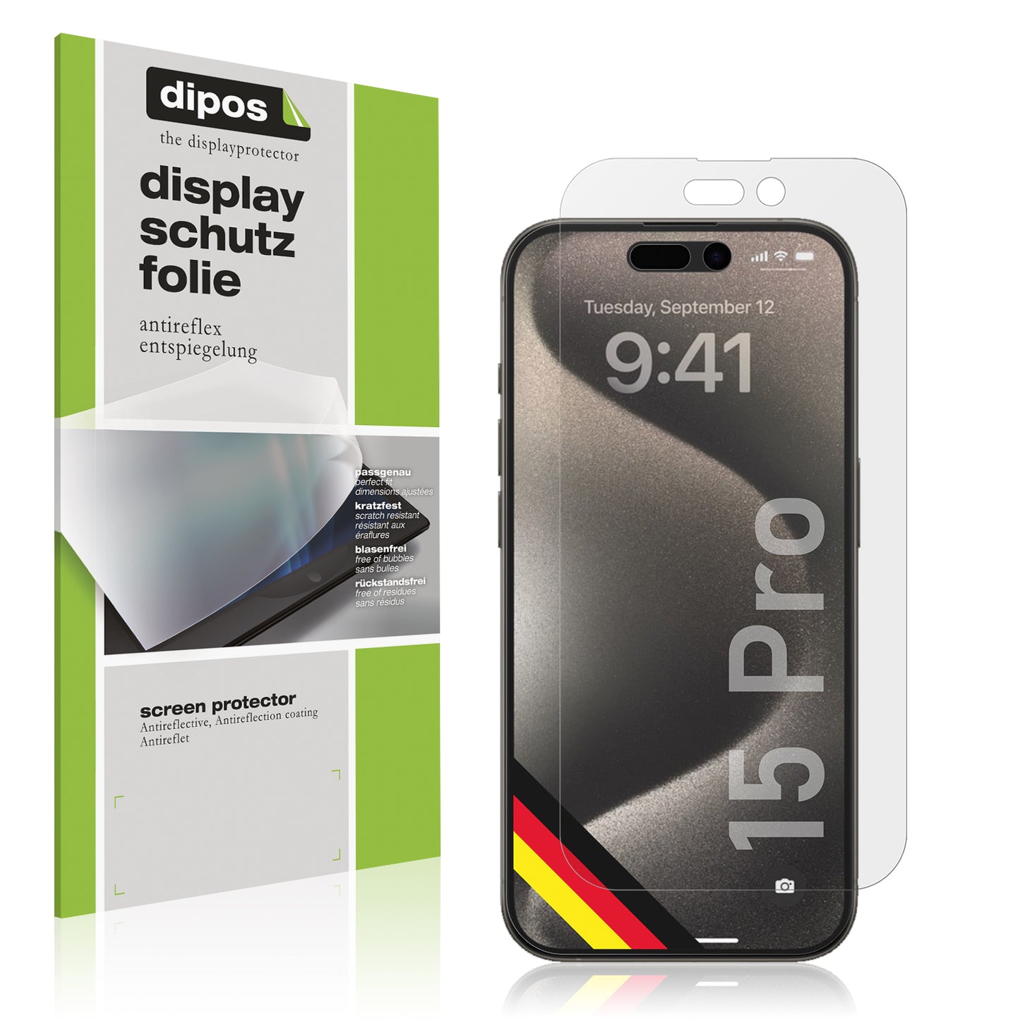 Matte Displayschutzfolie von dipos passend für Apple iPhone 15 Pro, präziser Zuschnitt und blasenfrei montiert