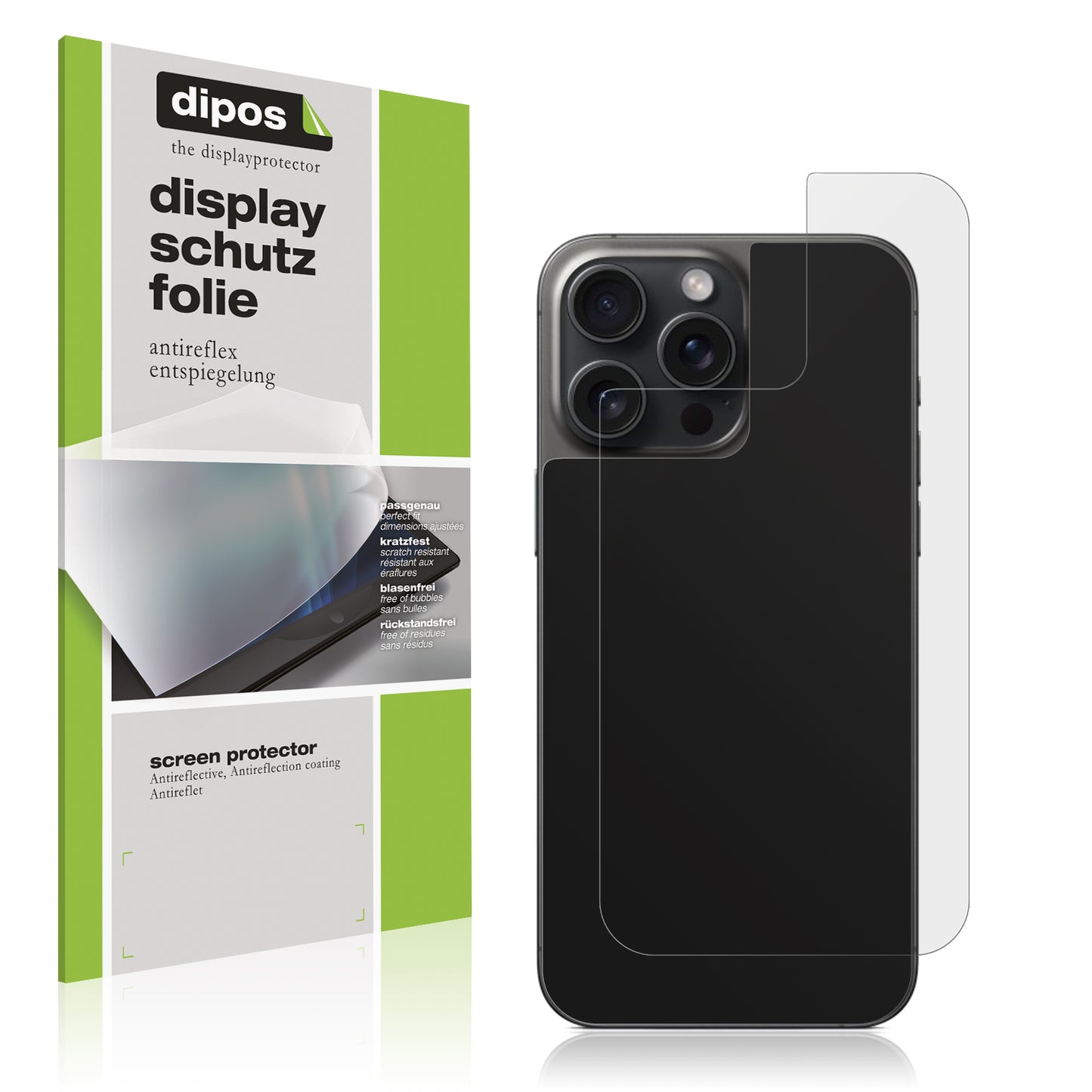 Matte Displayschutzfolie von dipos passend für Apple iPhone 15 Pro Rückseite, präziser Zuschnitt und blasenfrei montiert