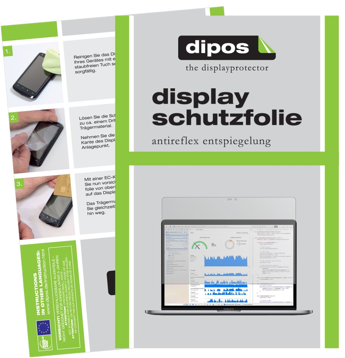 Matte Displayschutzfolie von dipos passend für Apple MacBook Pro 13 Zoll 2018, präziser Zuschnitt und blasenfrei montiert