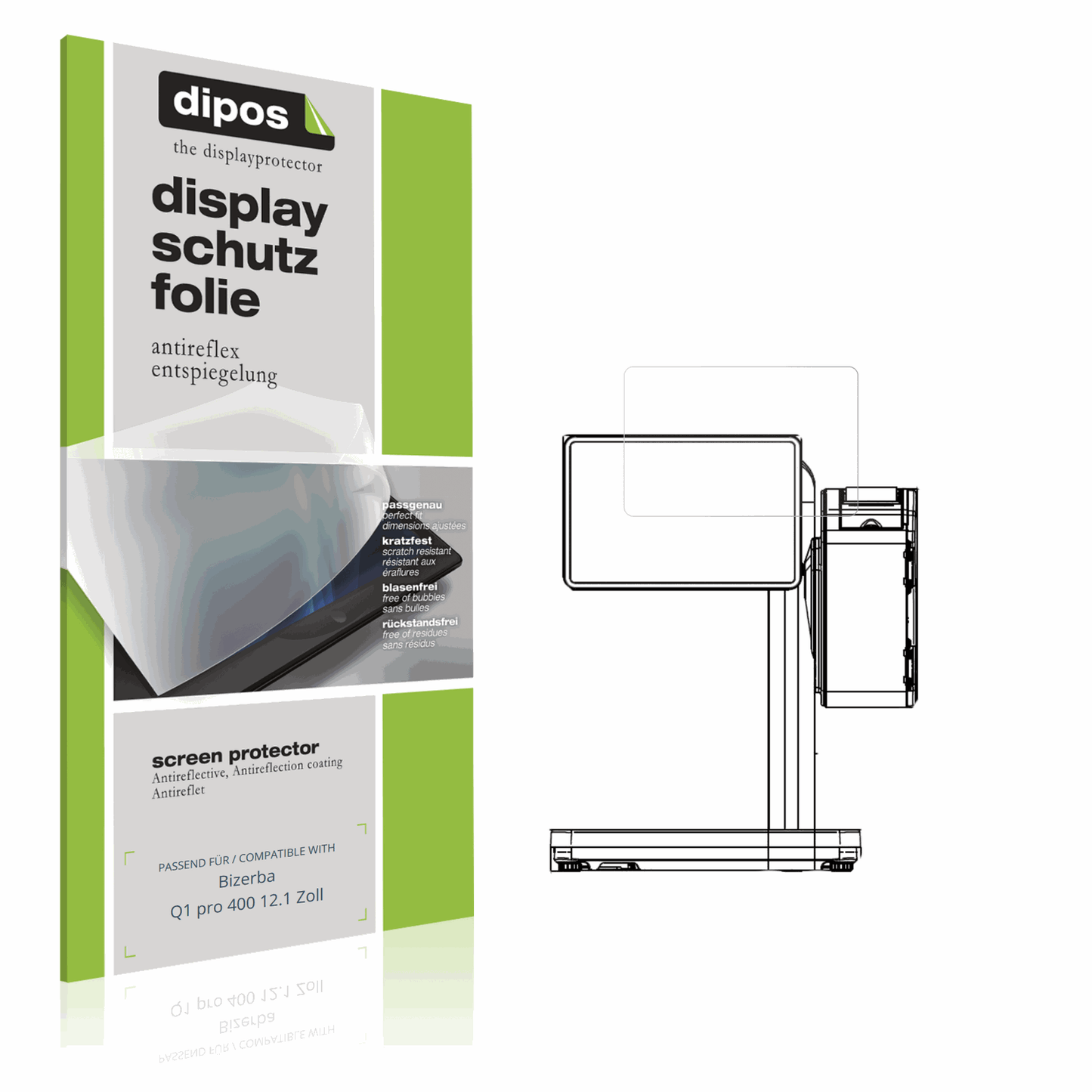 Matte Displayschutzfolie von dipos passend für Bizerba Q1 pro 400 12.1 Zoll, präziser Zuschnitt und blasenfrei montiert