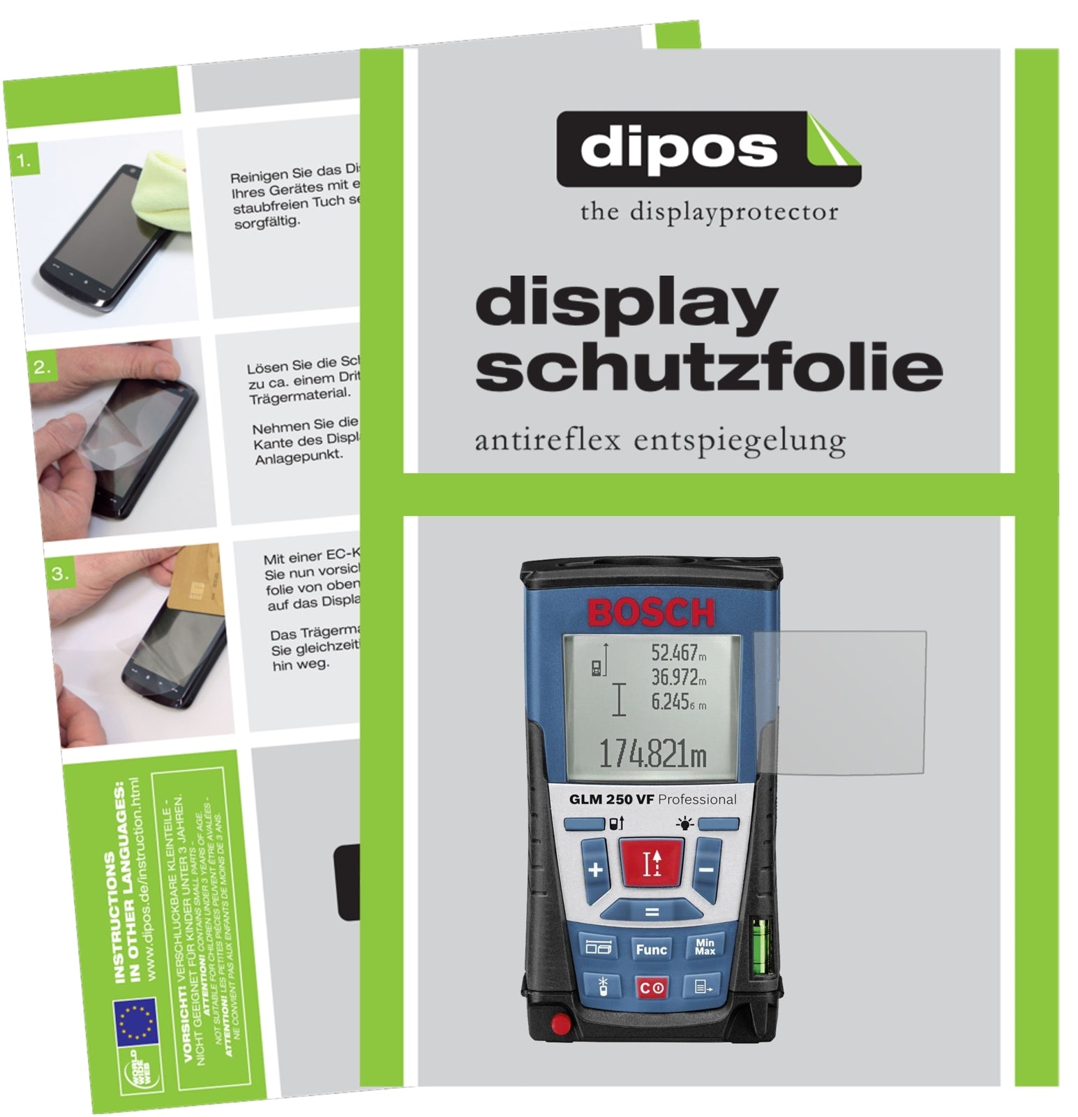 Matte Displayschutzfolie von dipos passend für Bosch Professional GLM 250 VF, präziser Zuschnitt und blasenfrei montiert