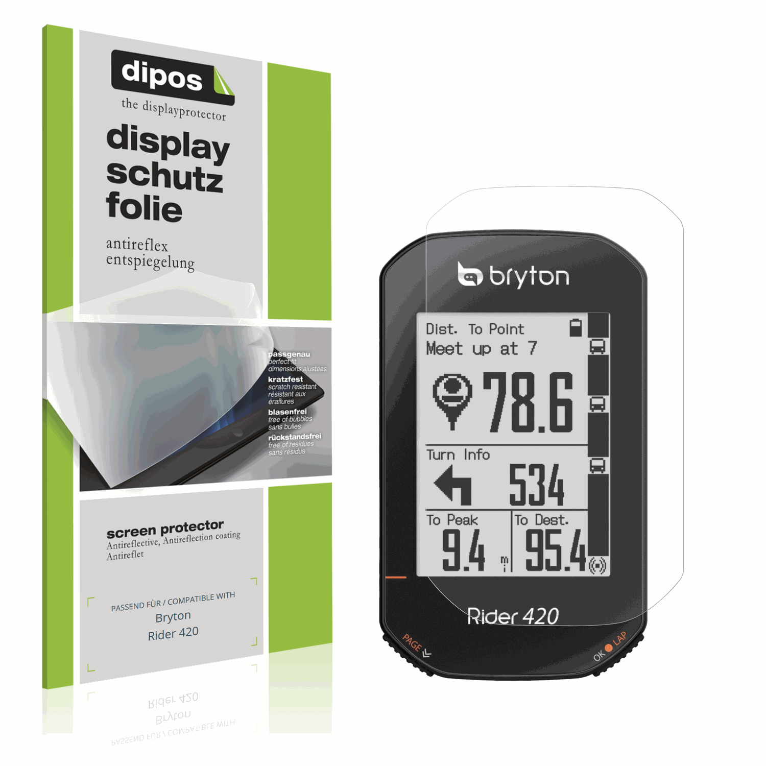 Matte Displayschutzfolie von dipos passend für Bryton Rider 420, präziser Zuschnitt und blasenfrei montiert