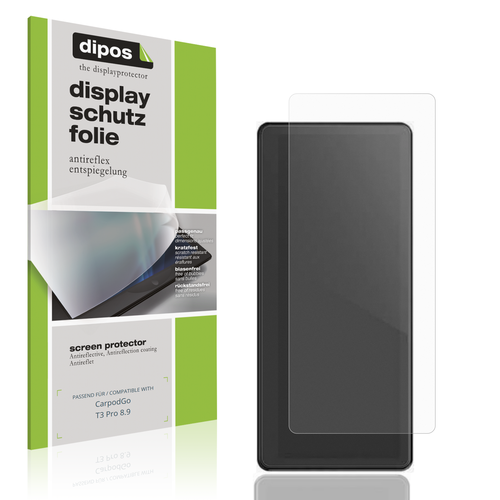 Matte Displayschutzfolie von dipos passend für CarpodGo T3 Pro 8.9, präziser Zuschnitt und blasenfrei montiert