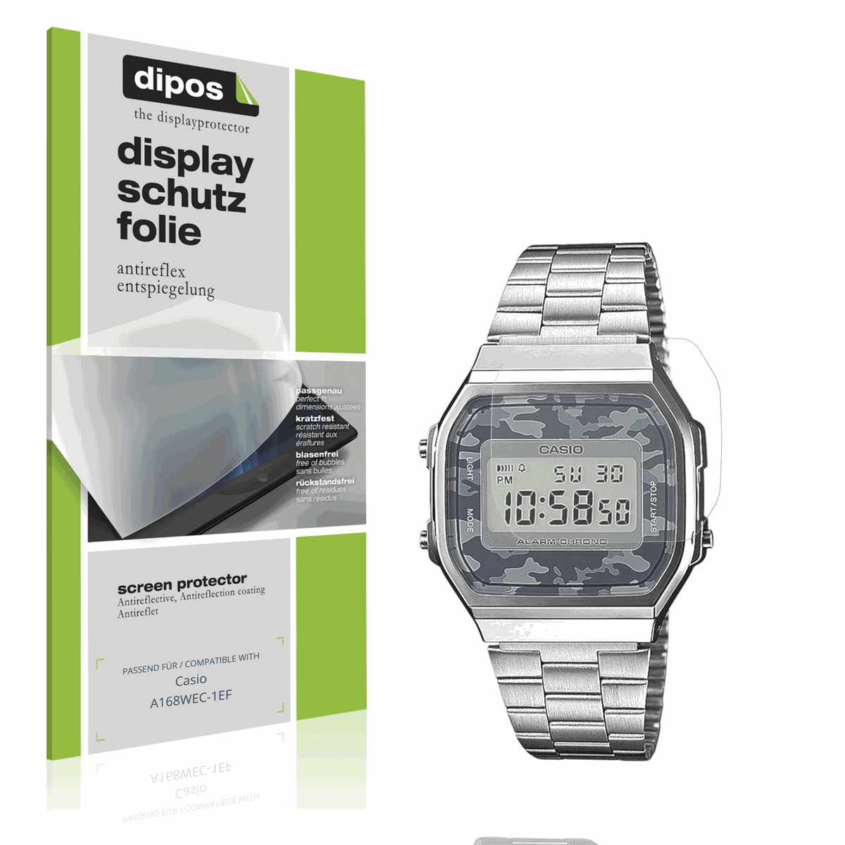 Matte Displayschutzfolie von dipos passend f�r Casio A168WEC-1EF, pr�ziser Zuschnitt und blasenfrei montiert
