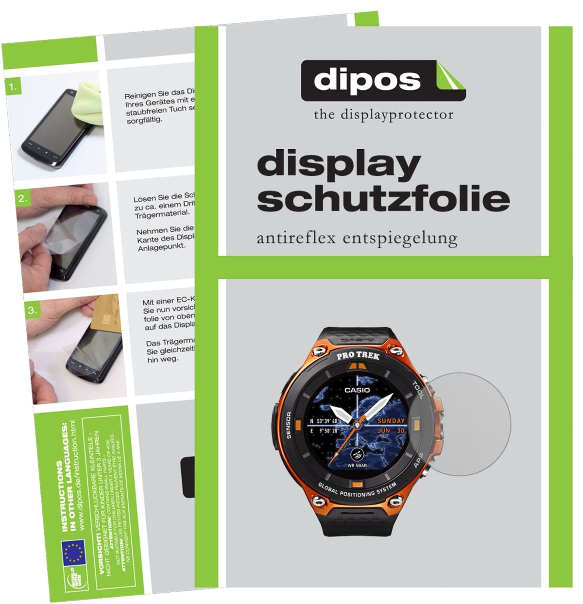 Matte Displayschutzfolie von dipos passend für Casio WSD-F20, präziser Zuschnitt und blasenfrei montiert