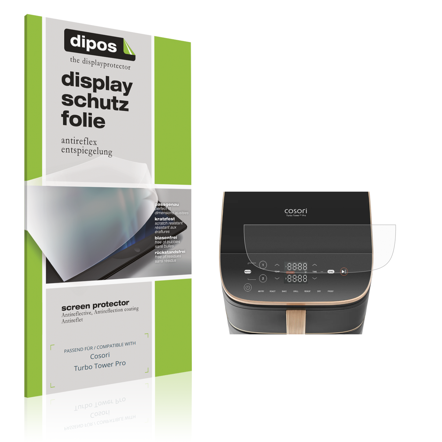 Matte Displayschutzfolie von dipos passend für Cosori Turbo Tower Pro, präziser Zuschnitt und blasenfrei montiert