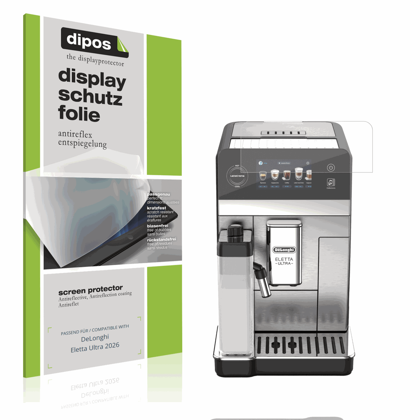 Matte Displayschutzfolie von dipos passend für DeLonghi Eletta Ultra 2026, präziser Zuschnitt und blasenfrei montiert