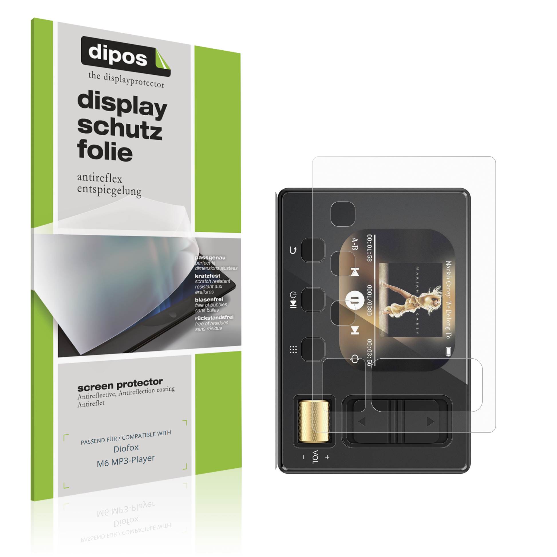 Matte Displayschutzfolie von dipos passend für Diofox M6 MP3-Player, präziser Zuschnitt und blasenfrei montiert
