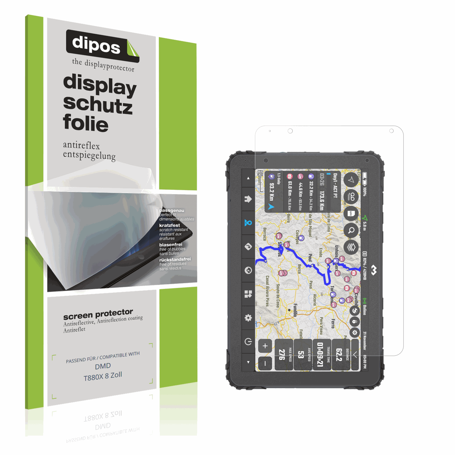 Matte Displayschutzfolie von dipos passend für DMD T880X 8 Zoll, präziser Zuschnitt und blasenfrei montiert