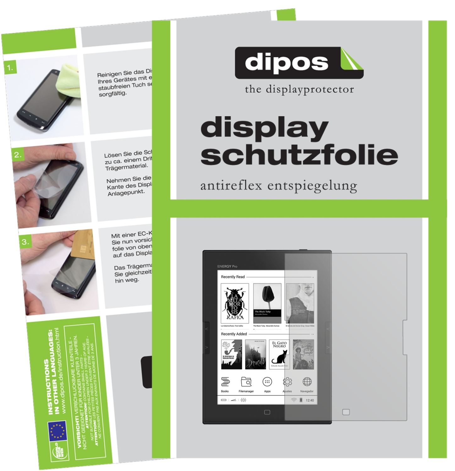 Matte Displayschutzfolie von dipos passend für Energy Sistem eReader Pro HD, präziser Zuschnitt und blasenfrei montiert