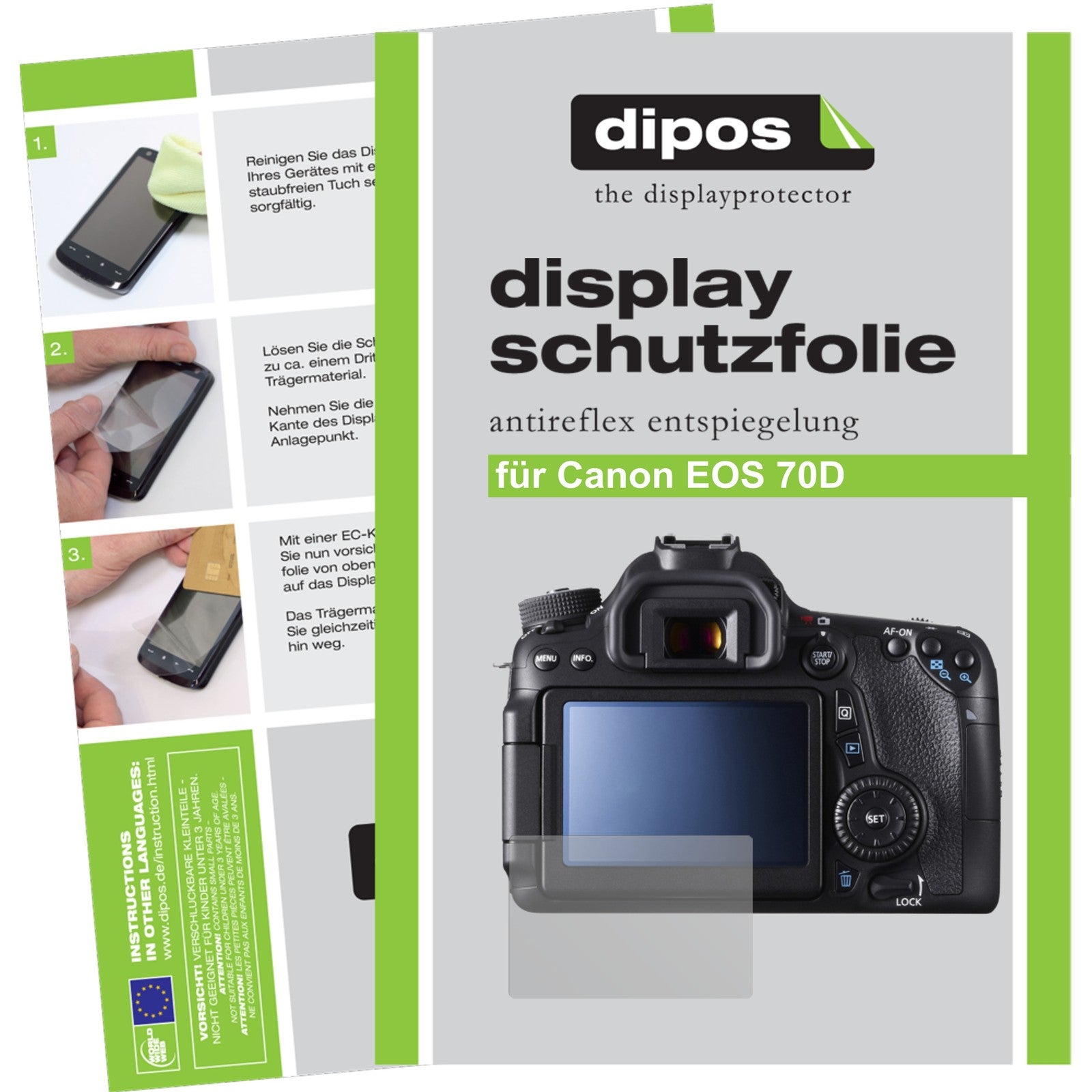 Matte Displayschutzfolie von dipos passend für EOS 70D Canon, präziser Zuschnitt und blasenfrei montiert