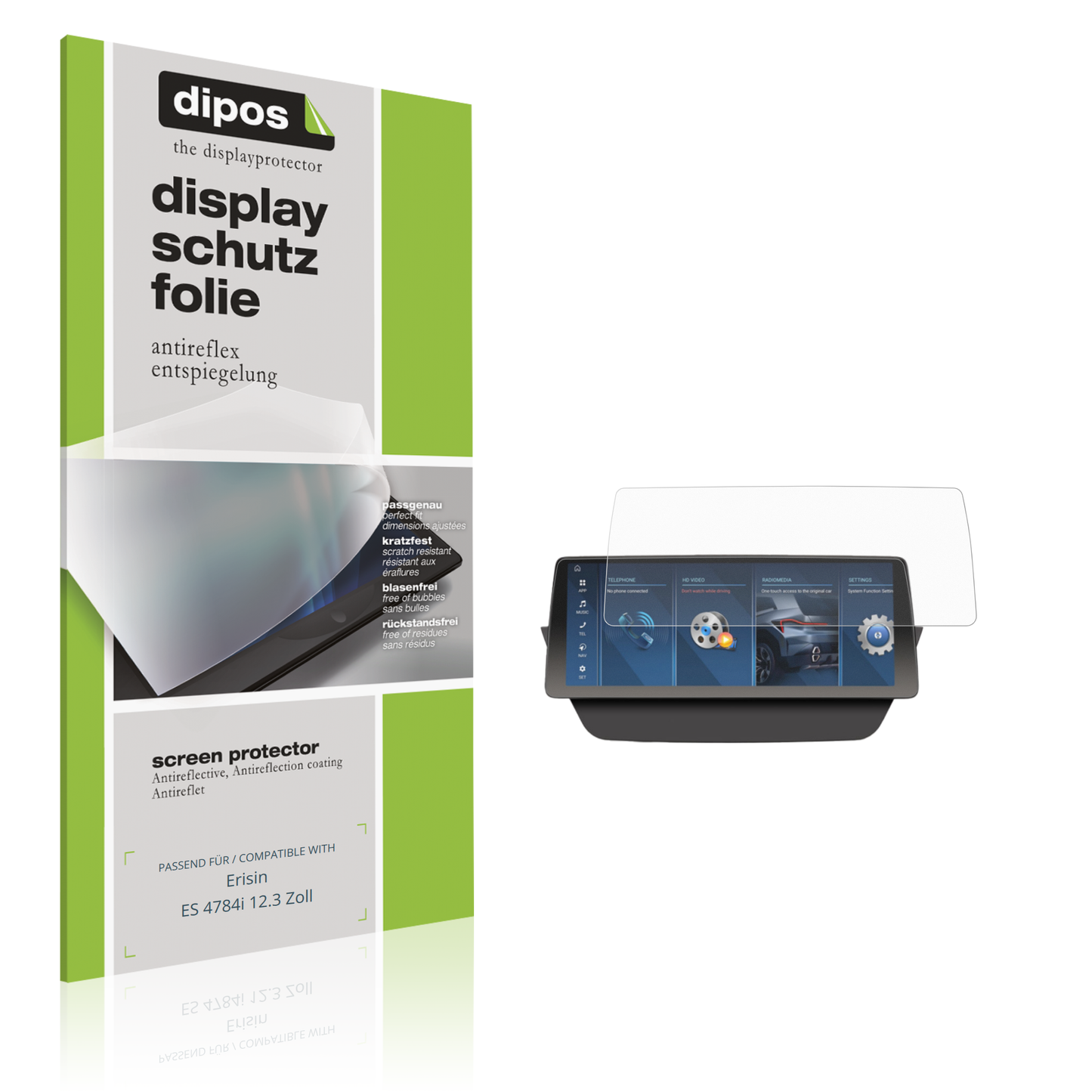 Matte Displayschutzfolie von dipos passend für Erisin ES 4784i 12.3 Zoll, präziser Zuschnitt und blasenfrei montiert