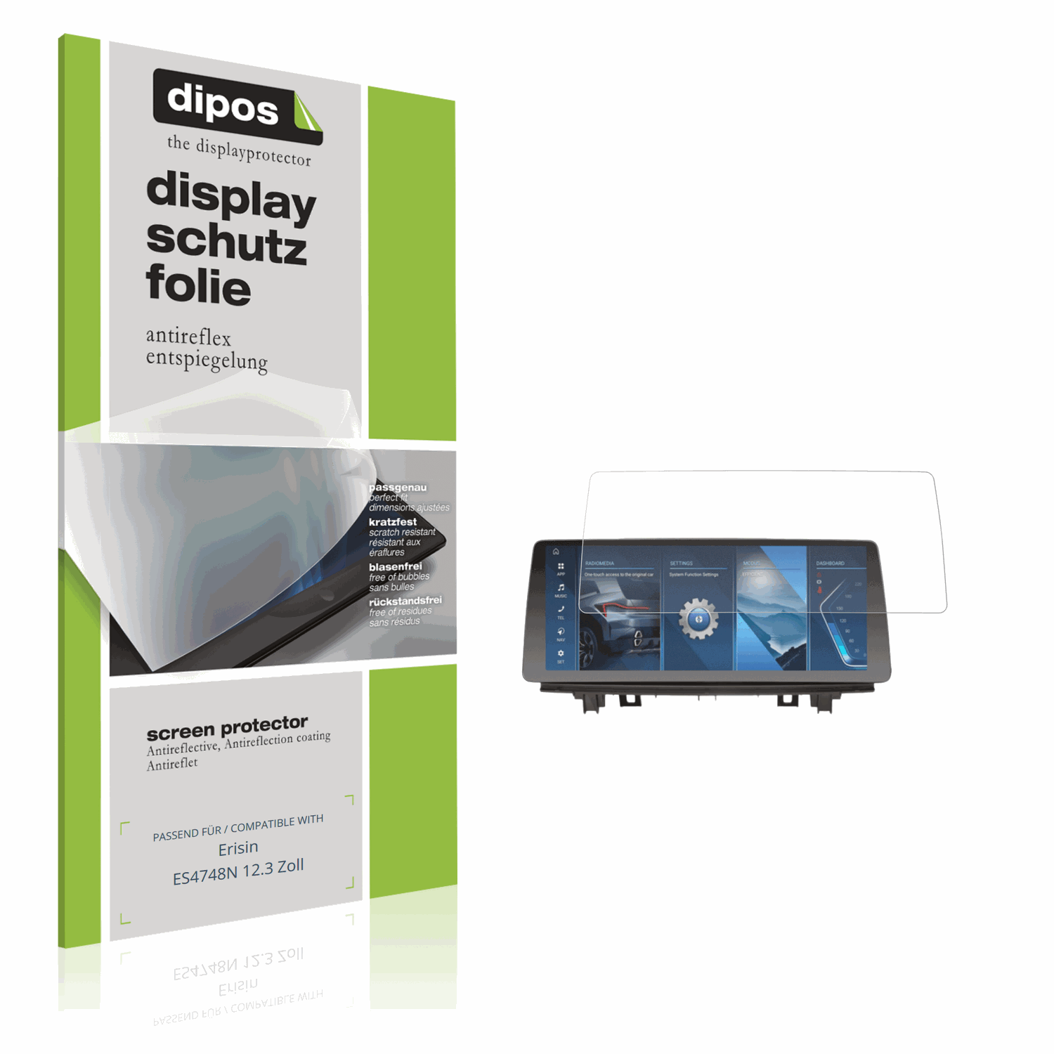 Matte Displayschutzfolie von dipos passend für Erisin ES4748N 12.3 Zoll, präziser Zuschnitt und blasenfrei montiert