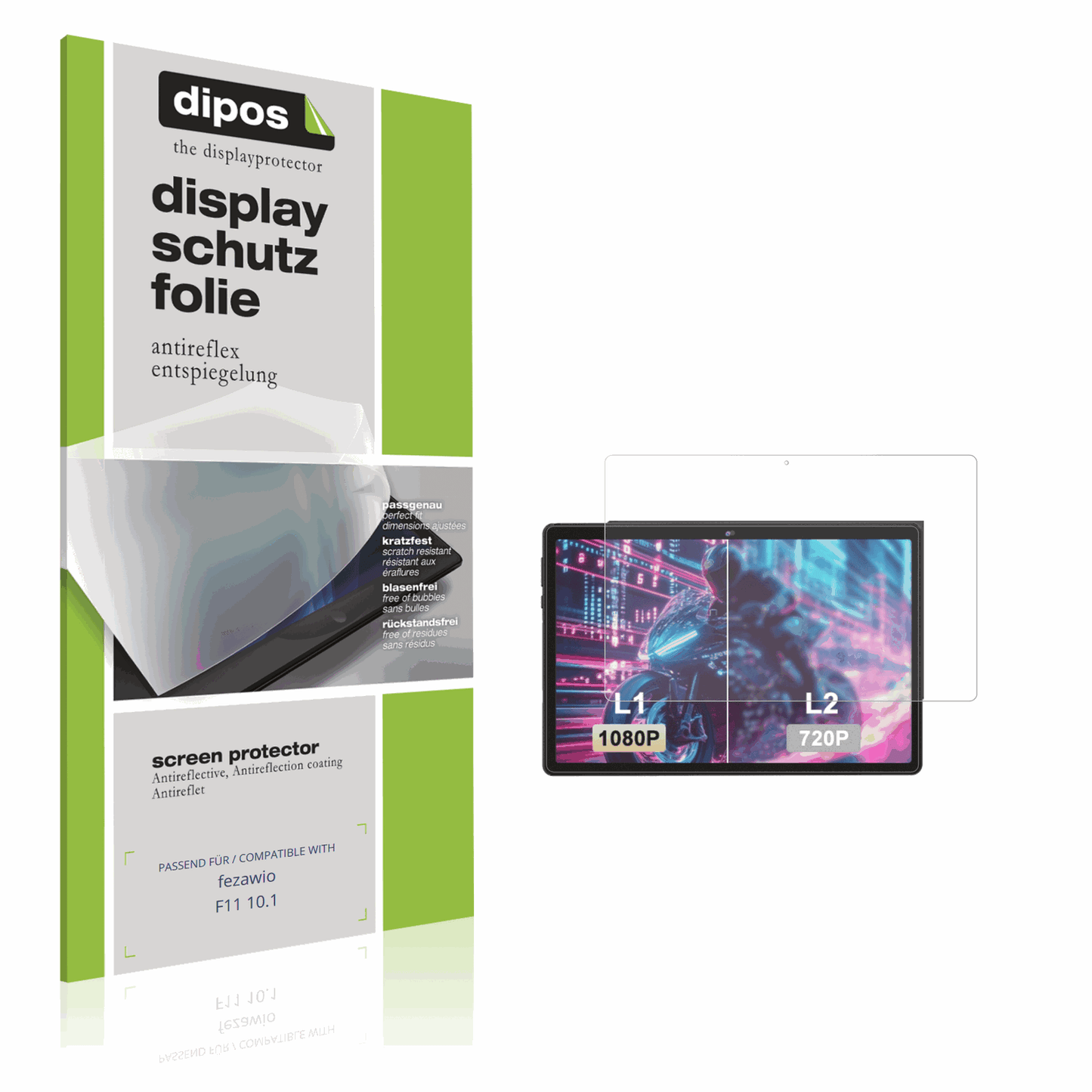 Matte Displayschutzfolie von dipos passend für fezawio F11 10.1, präziser Zuschnitt und blasenfrei montiert