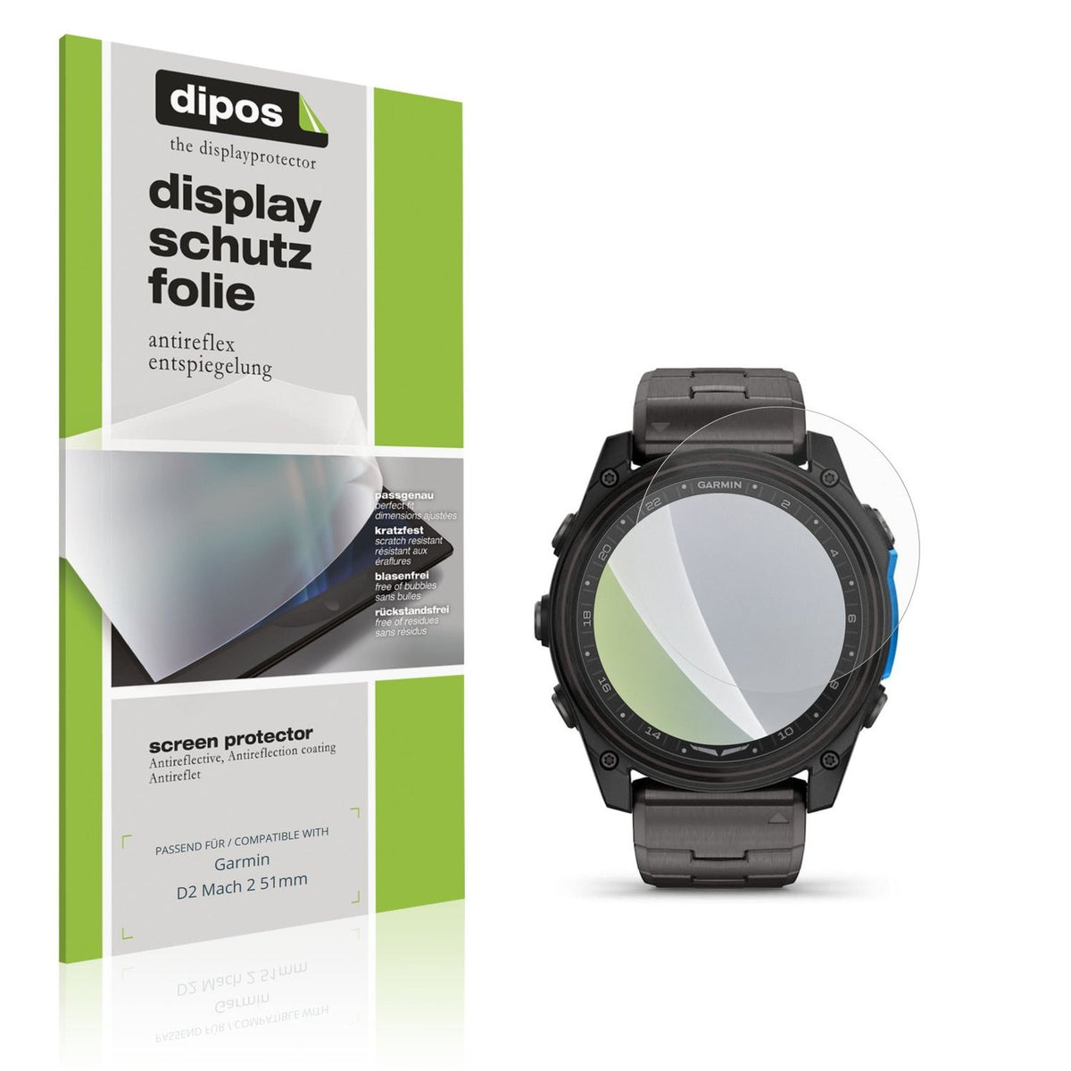 Matte Displayschutzfolie von dipos passend für Garmin D2 Mach 2 51mm, präziser Zuschnitt und blasenfrei montiert