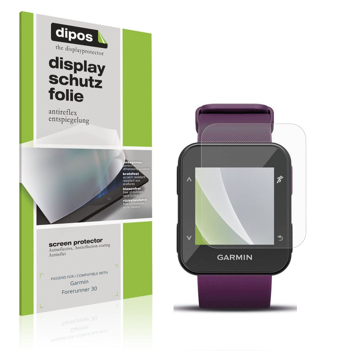 Matte Displayschutzfolie von dipos passend für Garmin Forerunner 30, präziser Zuschnitt und blasenfrei montiert