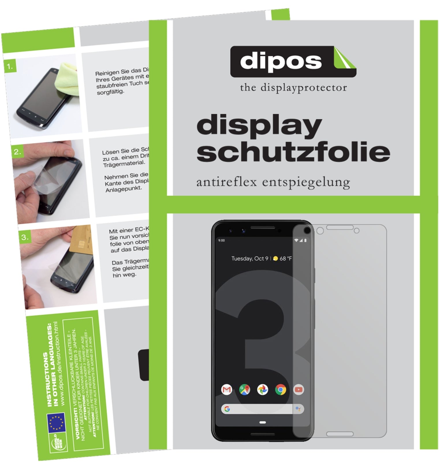 Matte Displayschutzfolie von dipos passend für Google Pixel 3, präziser Zuschnitt und blasenfrei montiert