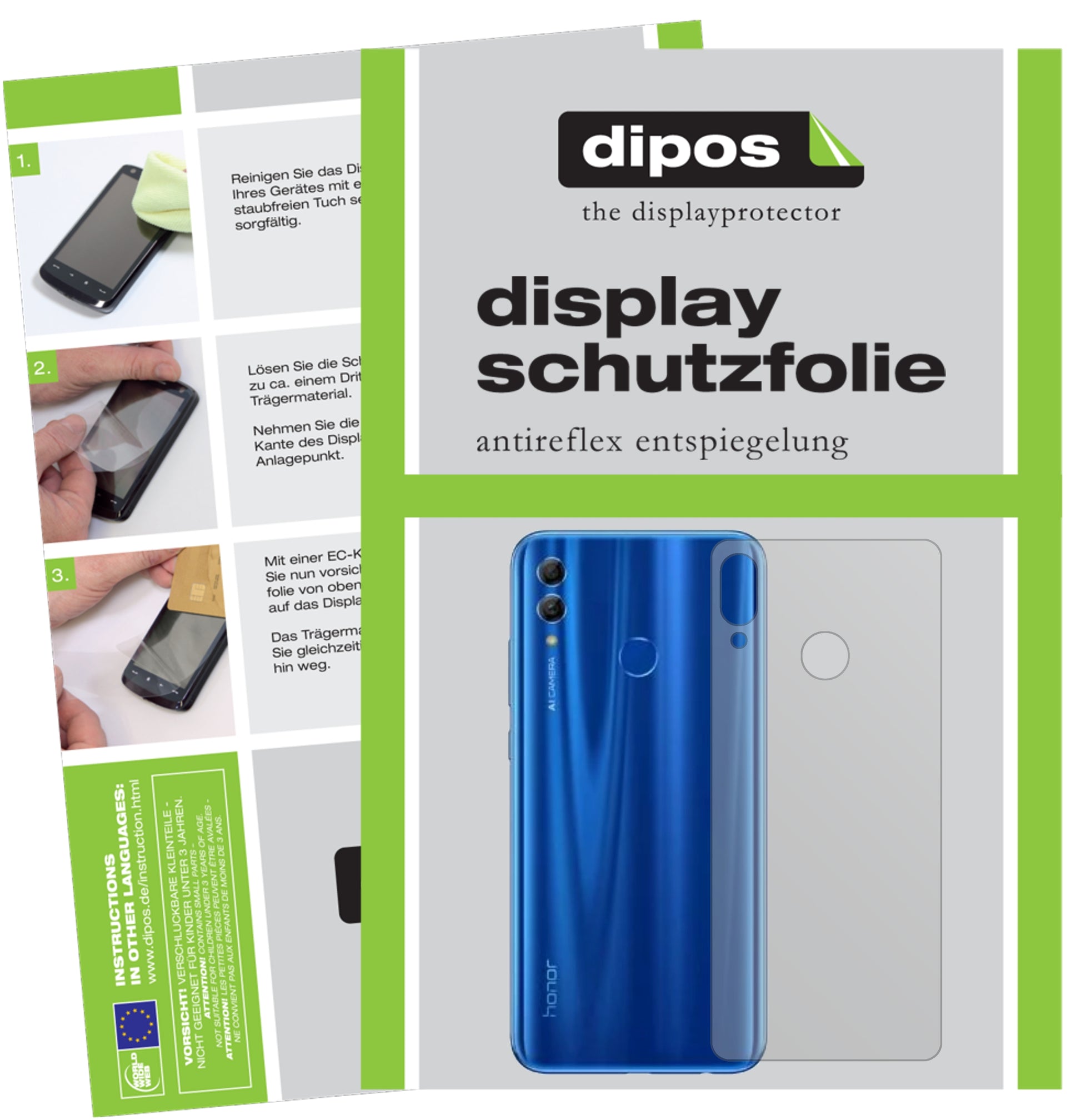 Matte Displayschutzfolie von dipos passend für Honor 10i Rückseite, präziser Zuschnitt und blasenfrei montiert