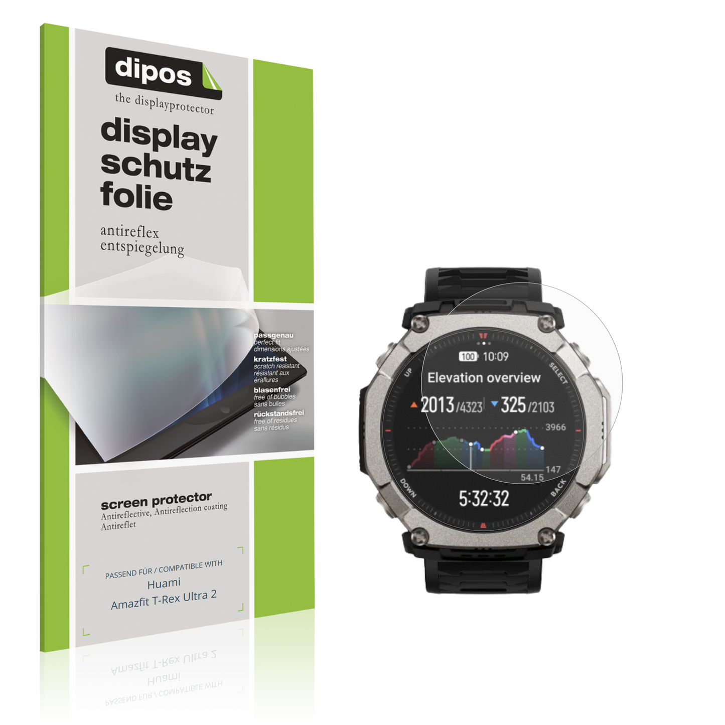 Matte Displayschutzfolie von dipos passend für Huami Amazfit T-Rex Ultra 2, präziser Zuschnitt und blasenfrei montiert