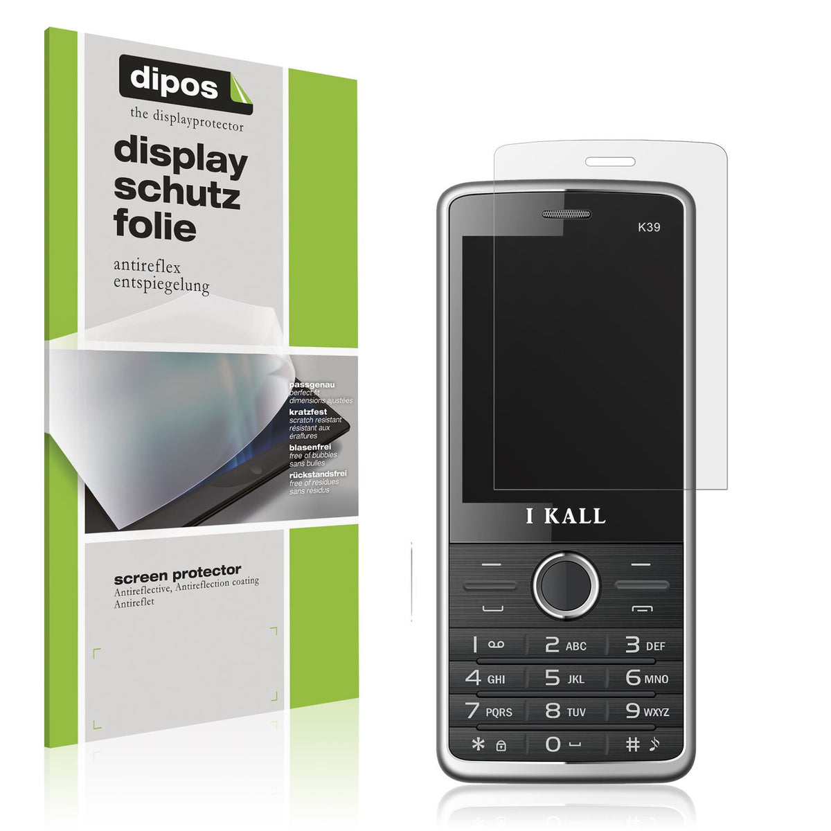 Matte Displayschutzfolie von dipos passend für I Kall K39 New, präziser Zuschnitt und blasenfrei montiert