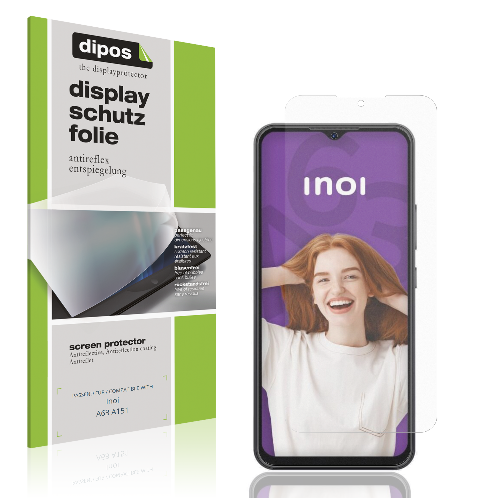Matte Displayschutzfolie von dipos passend für Inoi A63 A151, präziser Zuschnitt und blasenfrei montiert