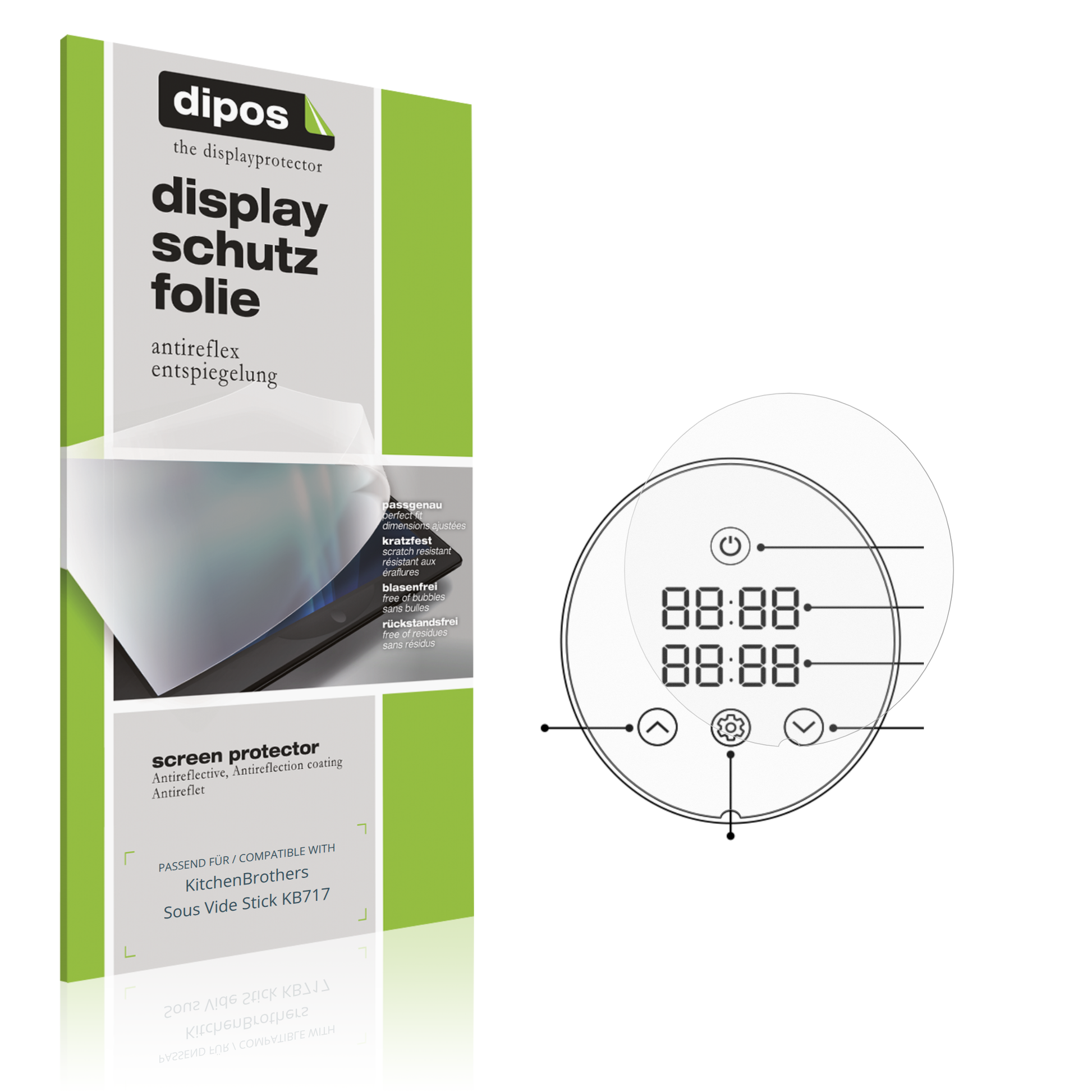 Matte Displayschutzfolie von dipos passend für KitchenBrothers Sous Vide Stick KB717, präziser Zuschnitt und blasenfrei montiert