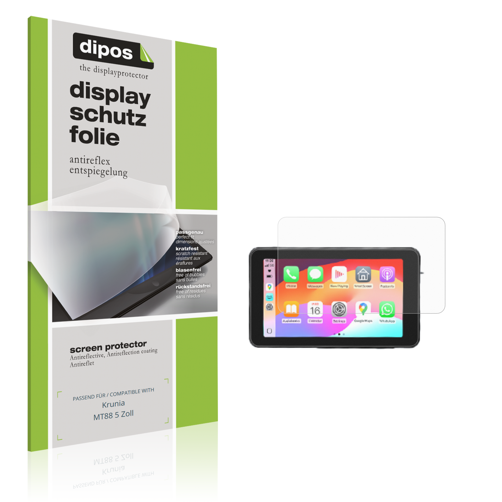 Matte Displayschutzfolie von dipos passend für Krunia MT88 5 Zoll, präziser Zuschnitt und blasenfrei montiert