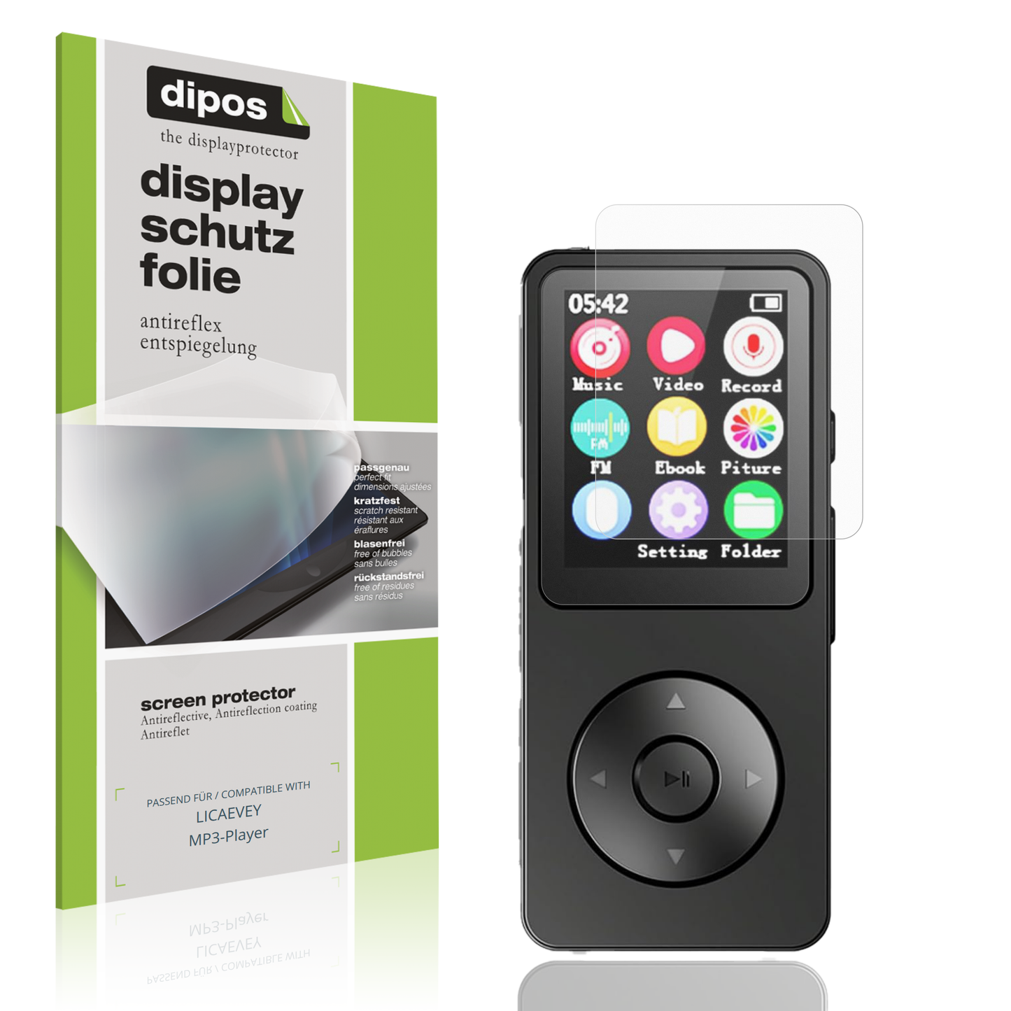 Matte Displayschutzfolie von dipos passend für LICAEVEY MP3-Player, präziser Zuschnitt und blasenfrei montiert