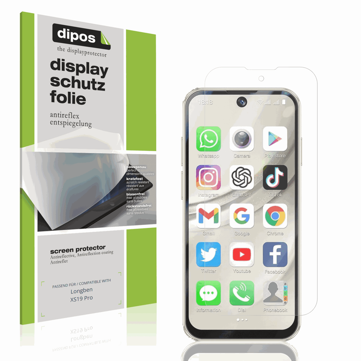Matte Displayschutzfolie von dipos passend für Longben XS19 Pro, präziser Zuschnitt und blasenfrei montiert