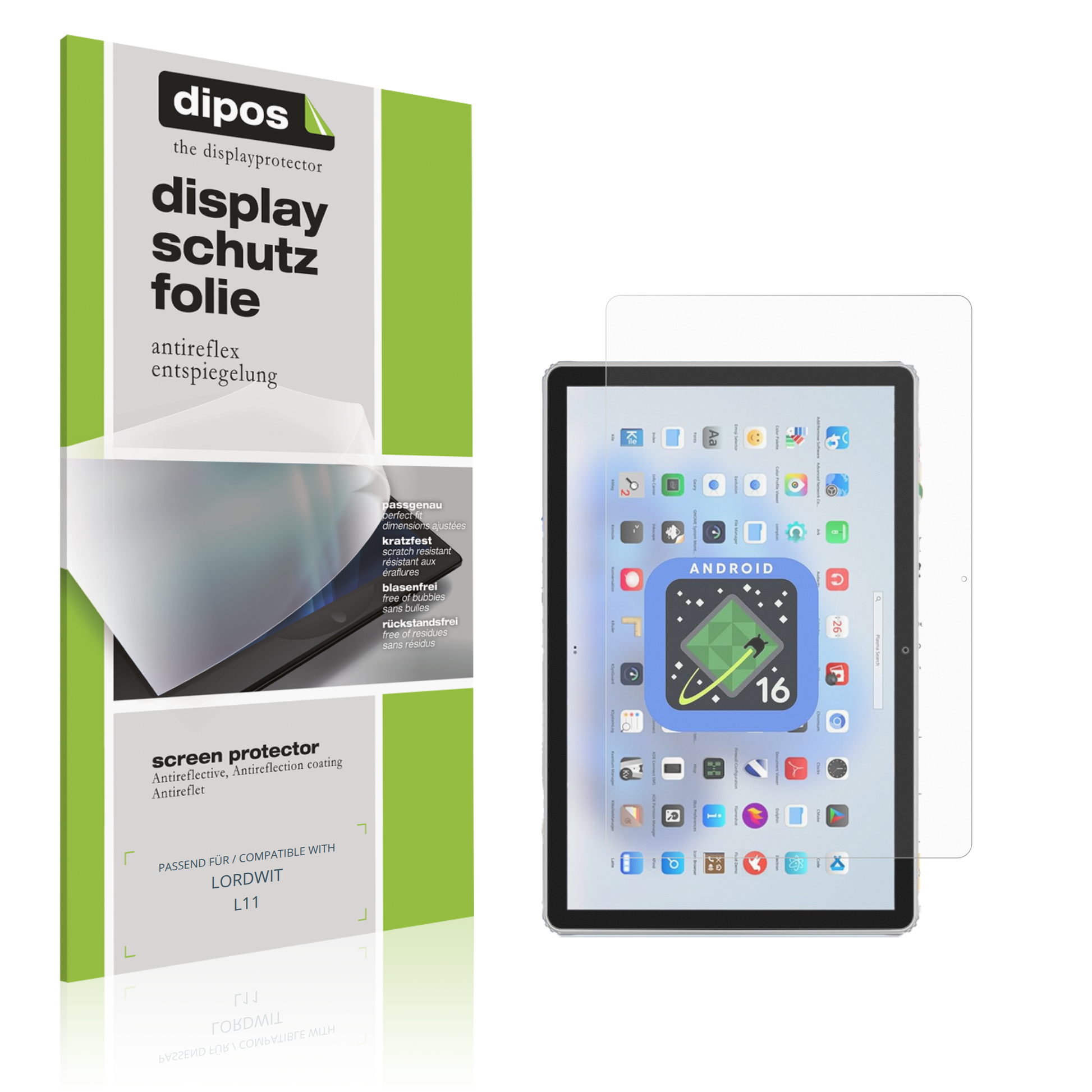 Matte Displayschutzfolie von dipos passend für LORDWIT L11, präziser Zuschnitt und blasenfrei montiert