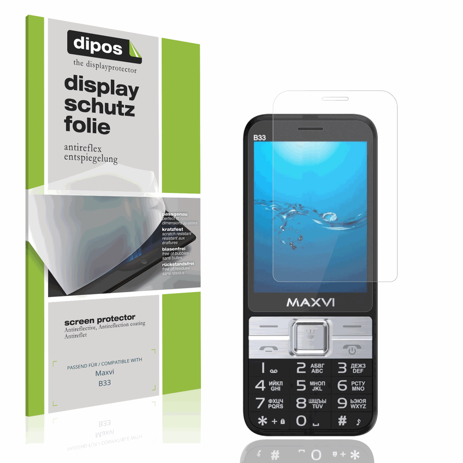 Matte Displayschutzfolie von dipos passend für Maxvi B33, präziser Zuschnitt und blasenfrei montiert