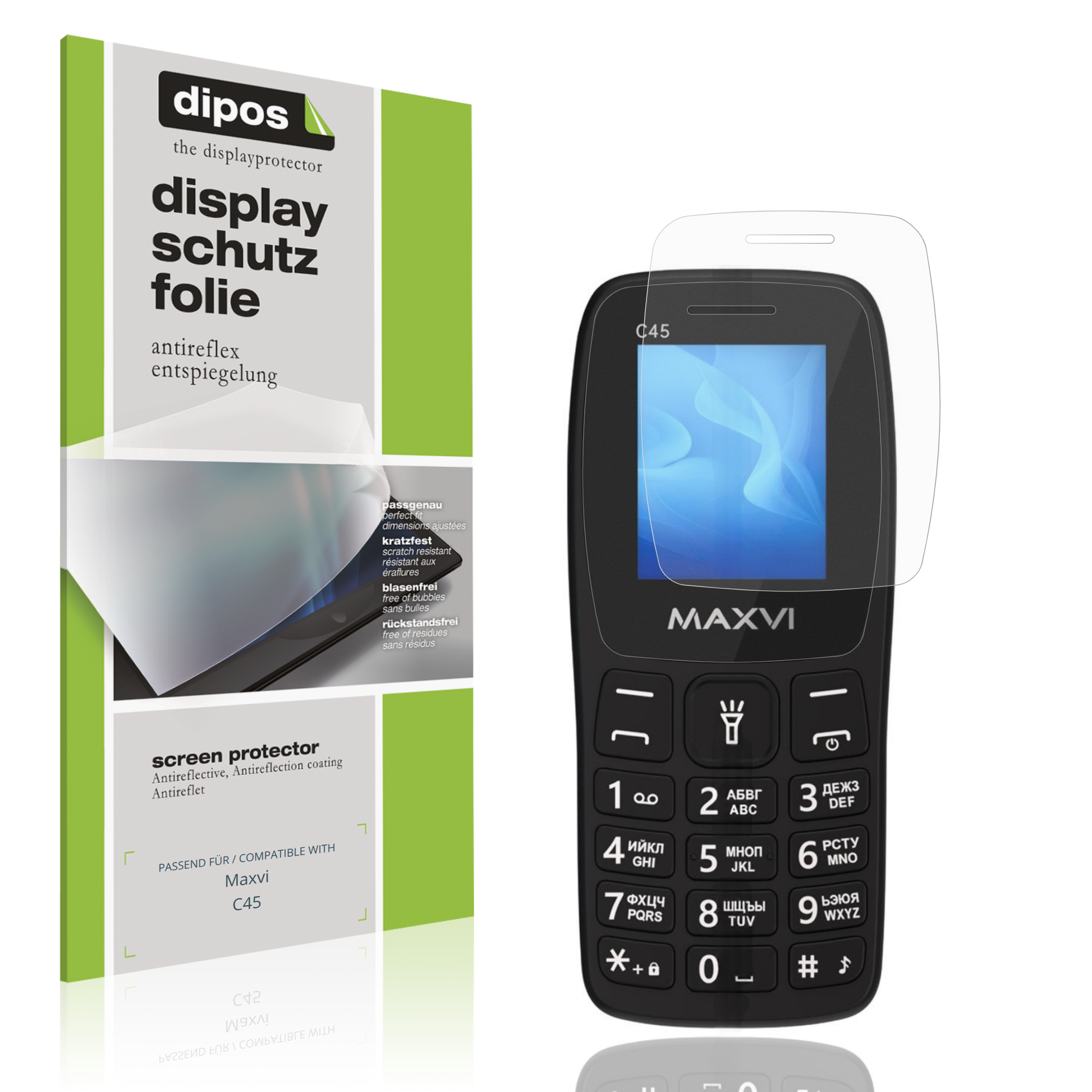 Matte Displayschutzfolie von dipos passend für Maxvi C45, präziser Zuschnitt und blasenfrei montiert