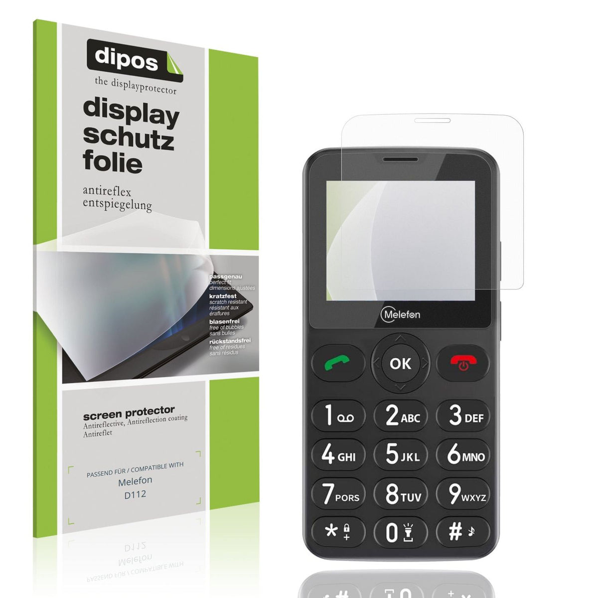 Matte Displayschutzfolie von dipos passend für Melefon D112, präziser Zuschnitt und blasenfrei montiert