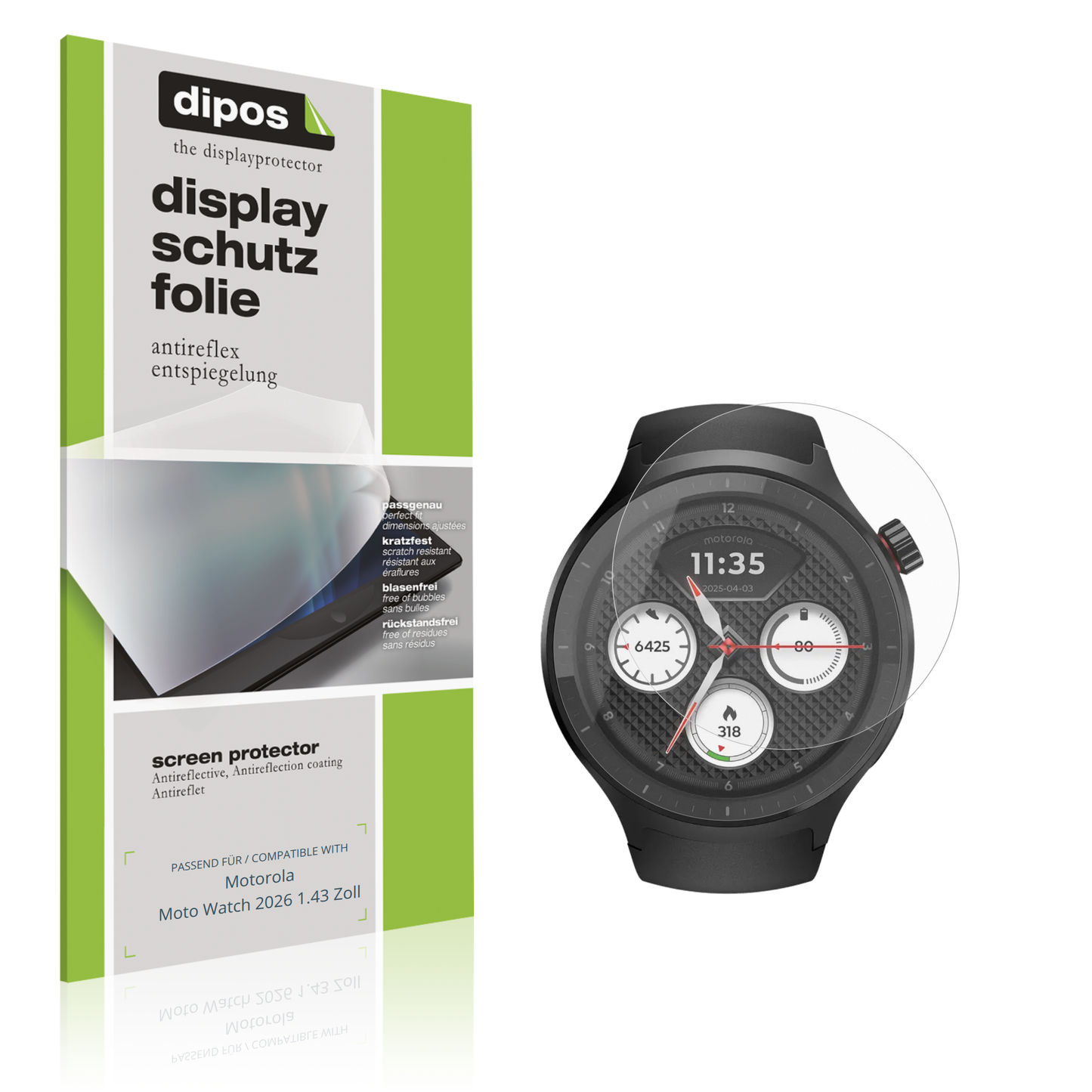Matte Displayschutzfolie von dipos passend für Motorola Moto Watch 2026 1.43 Zoll, präziser Zuschnitt und blasenfrei montiert