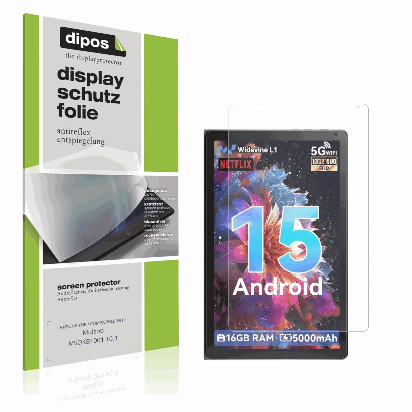 Matte Displayschutzfolie von dipos passend für Muisoo MSOKB1001 10.1, präziser Zuschnitt und blasenfrei montiert
