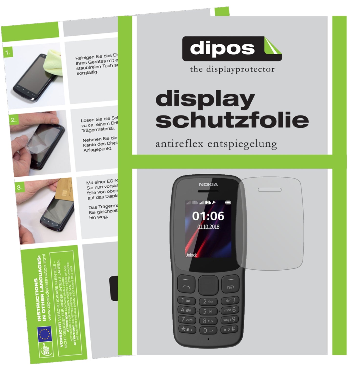 Matte Displayschutzfolie von dipos passend für Nokia 106 (2018), präziser Zuschnitt und blasenfrei montiert