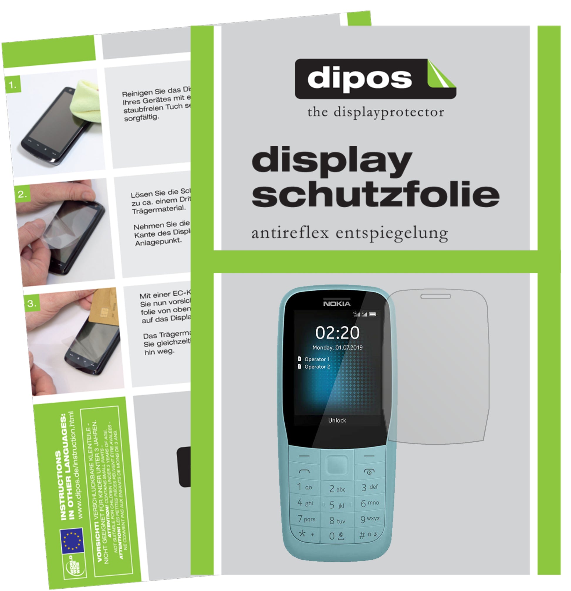 Matte Displayschutzfolie von dipos passend für Nokia 220 4G, präziser Zuschnitt und blasenfrei montiert