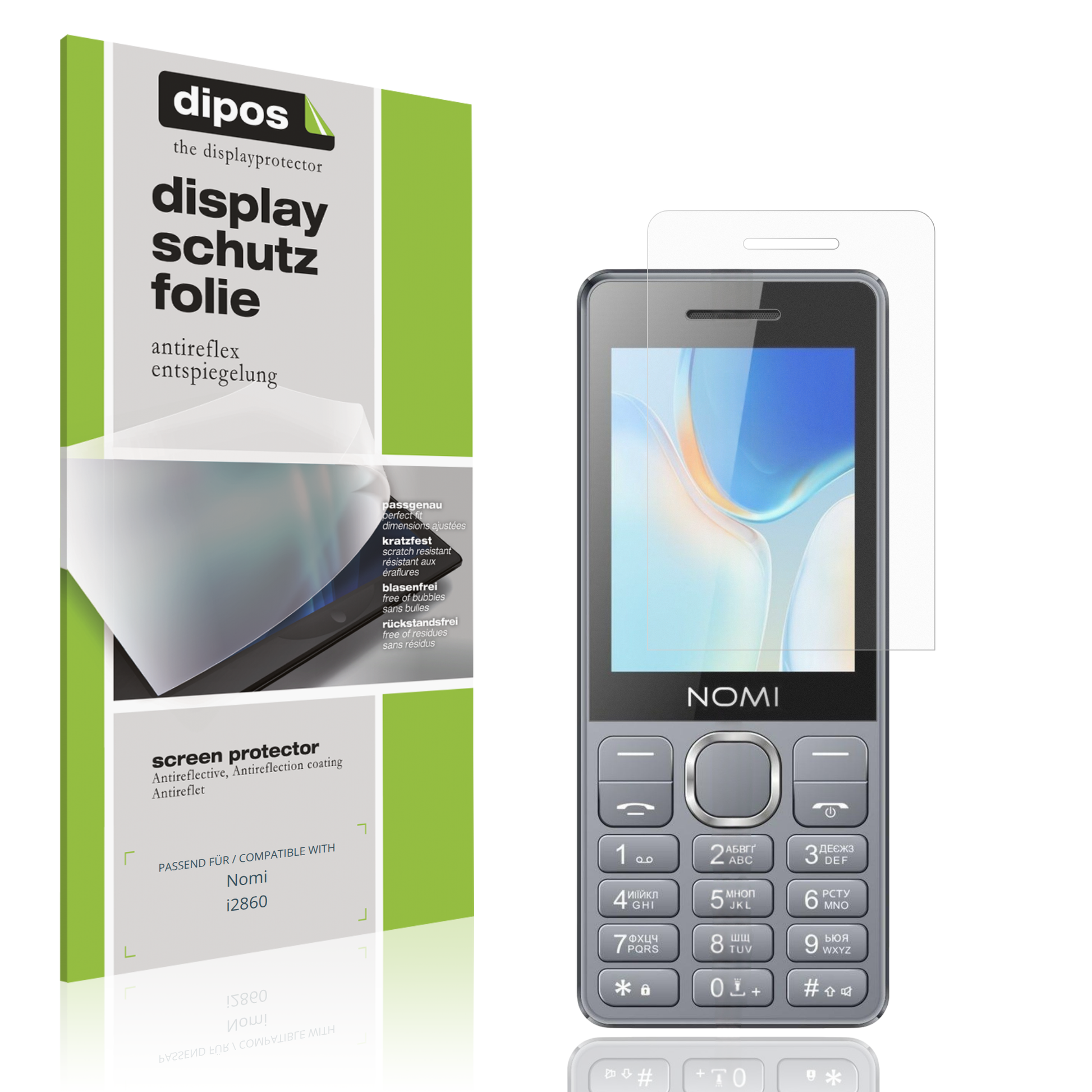 Matte Displayschutzfolie von dipos passend für Nomi i2860, präziser Zuschnitt und blasenfrei montiert