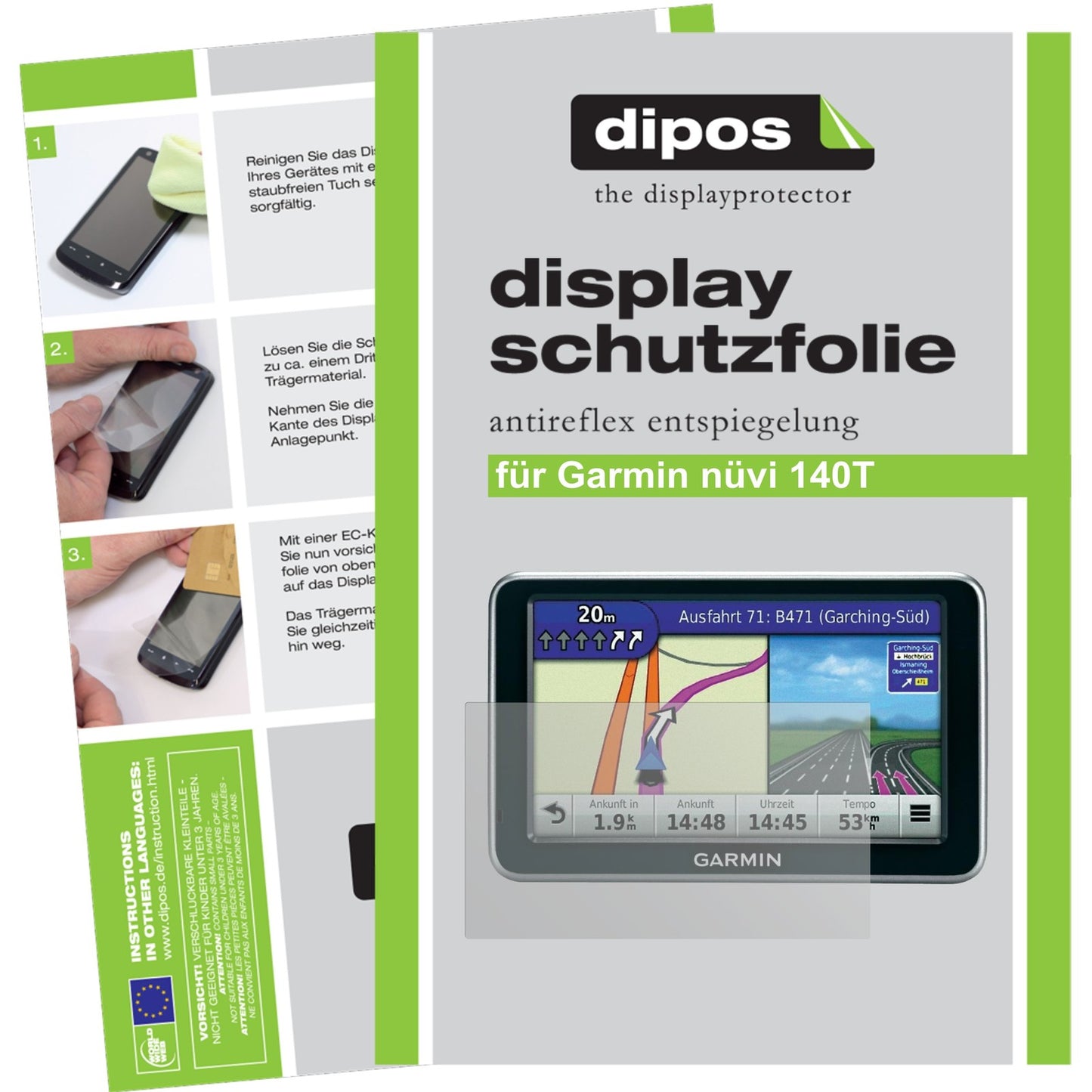 Matte Displayschutzfolie von dipos passend für nüvi 140T Garmin, präziser Zuschnitt und blasenfrei montiert