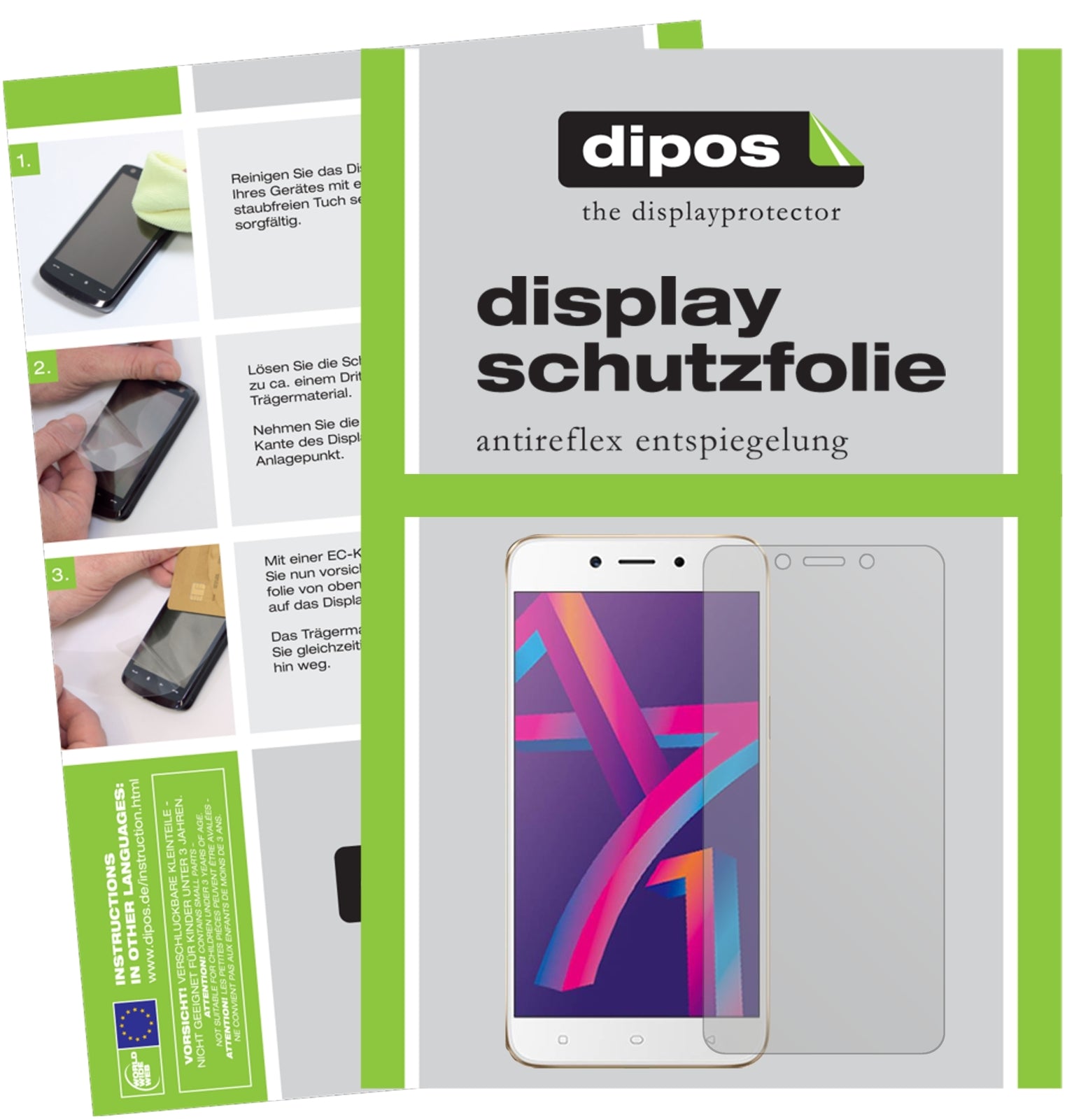 Matte Displayschutzfolie von dipos passend für Oppo A71 2018, präziser Zuschnitt und blasenfrei montiert