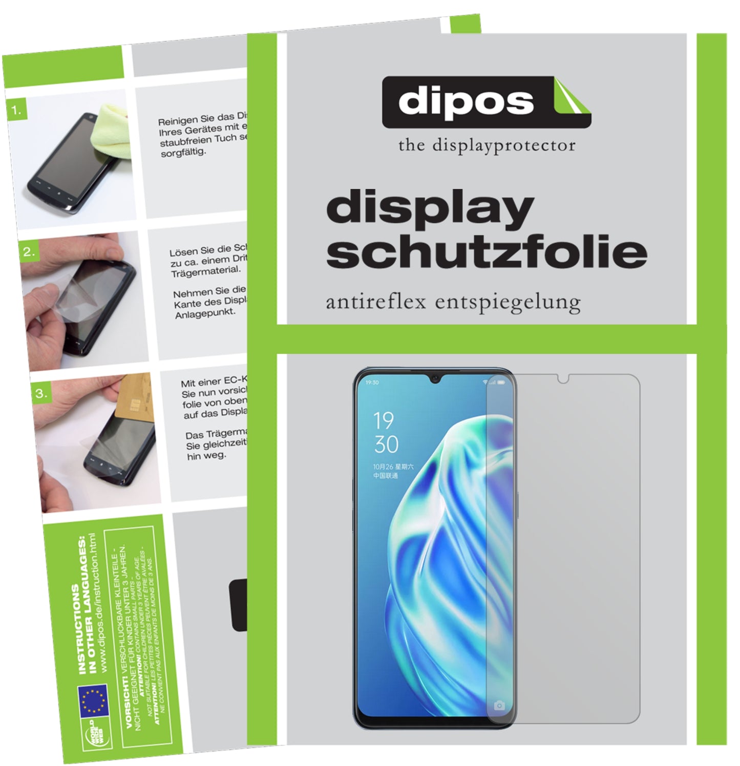 Matte Displayschutzfolie von dipos passend für Oppo F15, präziser Zuschnitt und blasenfrei montiert