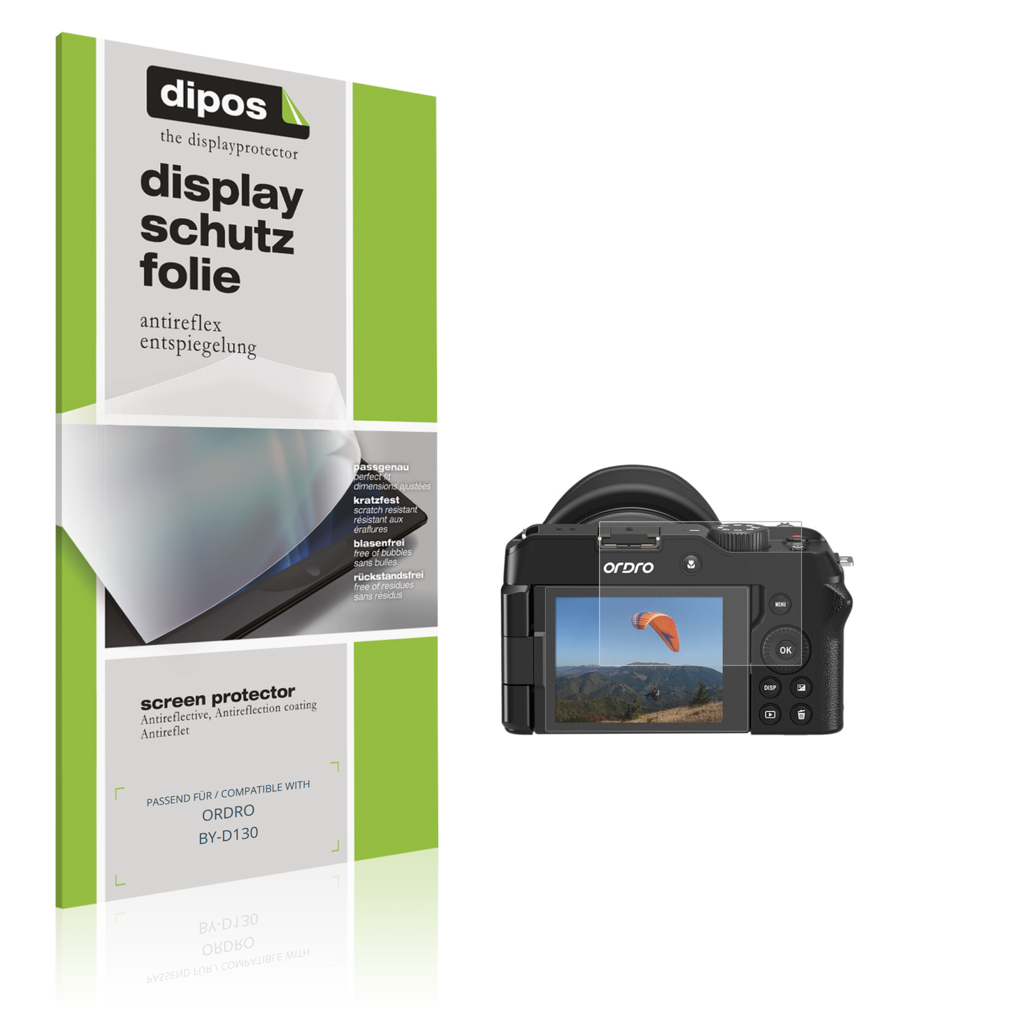 Matte Displayschutzfolie von dipos passend für ORDRO BY-D130, präziser Zuschnitt und blasenfrei montiert
