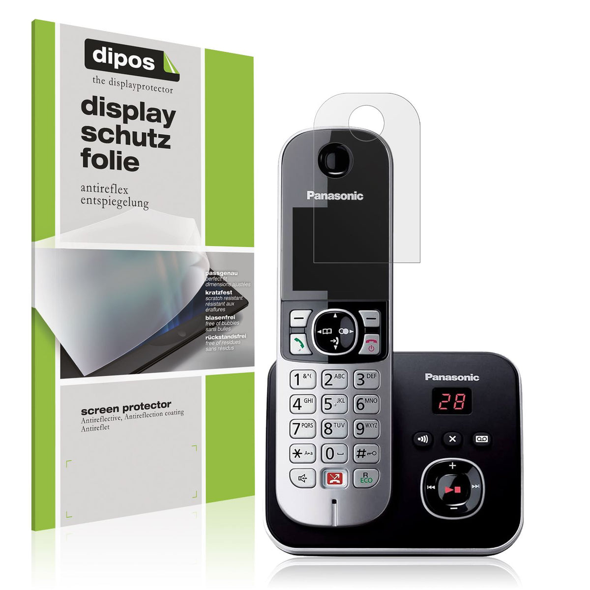 Matte Displayschutzfolie von dipos passend für Panasonic KX-TG6861, präziser Zuschnitt und blasenfrei montiert