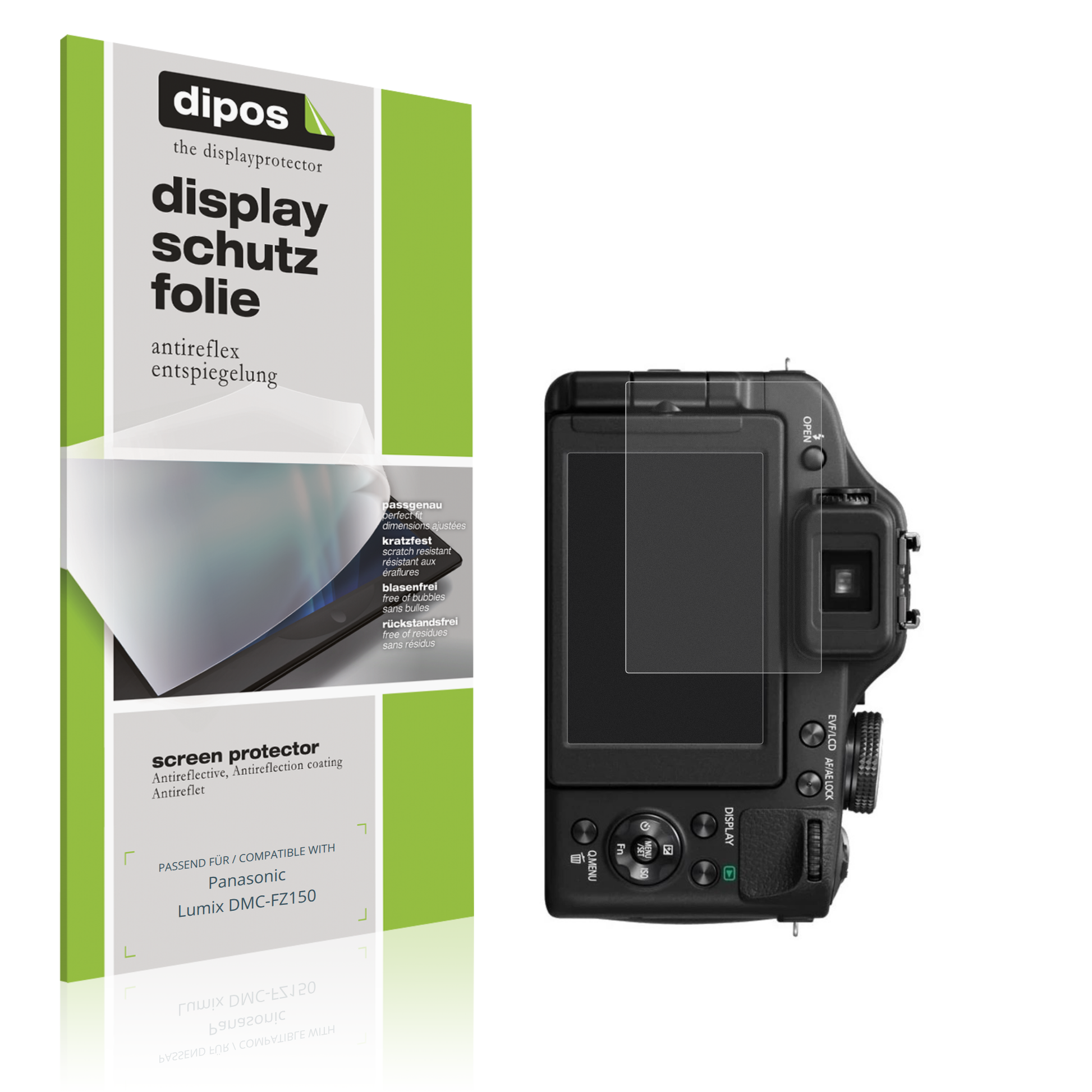 Matte Displayschutzfolie von dipos passend für Panasonic Lumix DMC-FZ150, präziser Zuschnitt und blasenfrei montiert