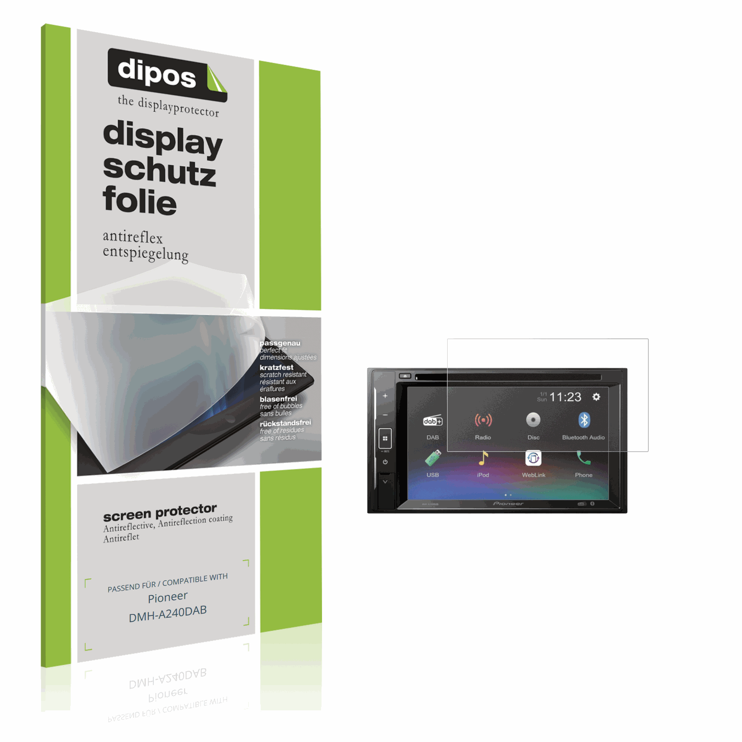 Matte Displayschutzfolie von dipos passend für Pioneer DMH-A240DAB, präziser Zuschnitt und blasenfrei montiert