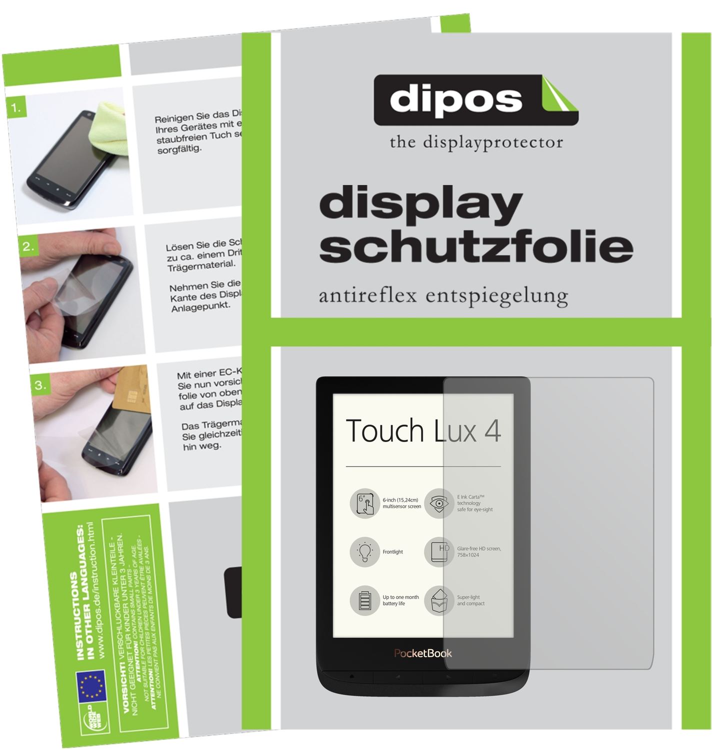 Matte Displayschutzfolie von dipos passend für PocketBook Touch Lux 4, präziser Zuschnitt und blasenfrei montiert