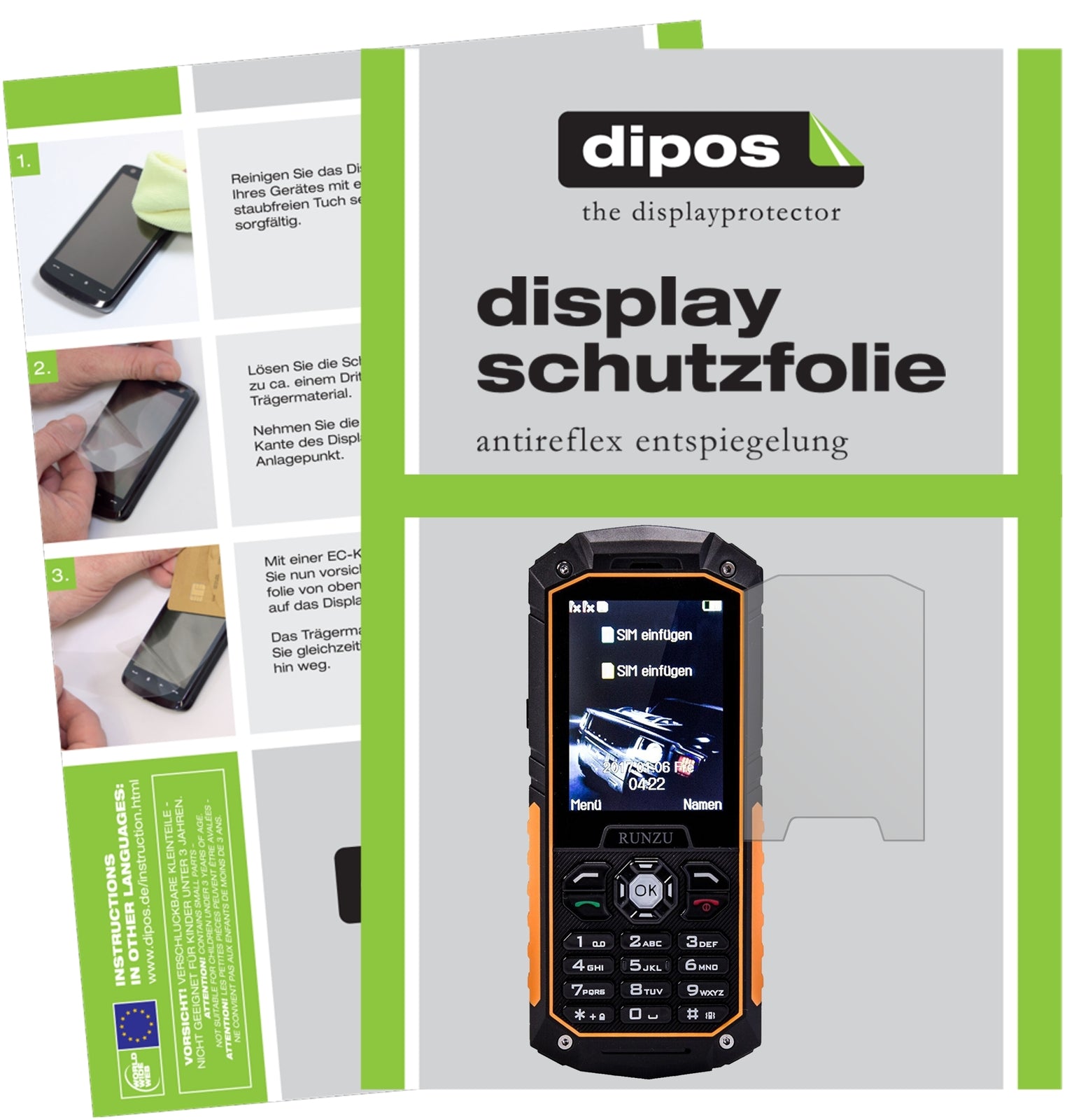 Matte Displayschutzfolie von dipos passend für Runzu M8, präziser Zuschnitt und blasenfrei montiert