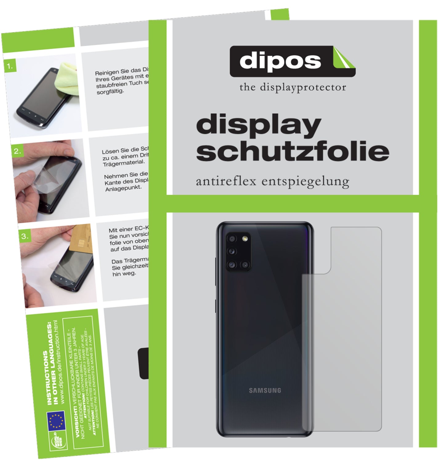 Matte Displayschutzfolie von dipos passend für Samsung Galaxy A31 Rückseite, präziser Zuschnitt und blasenfrei montiert