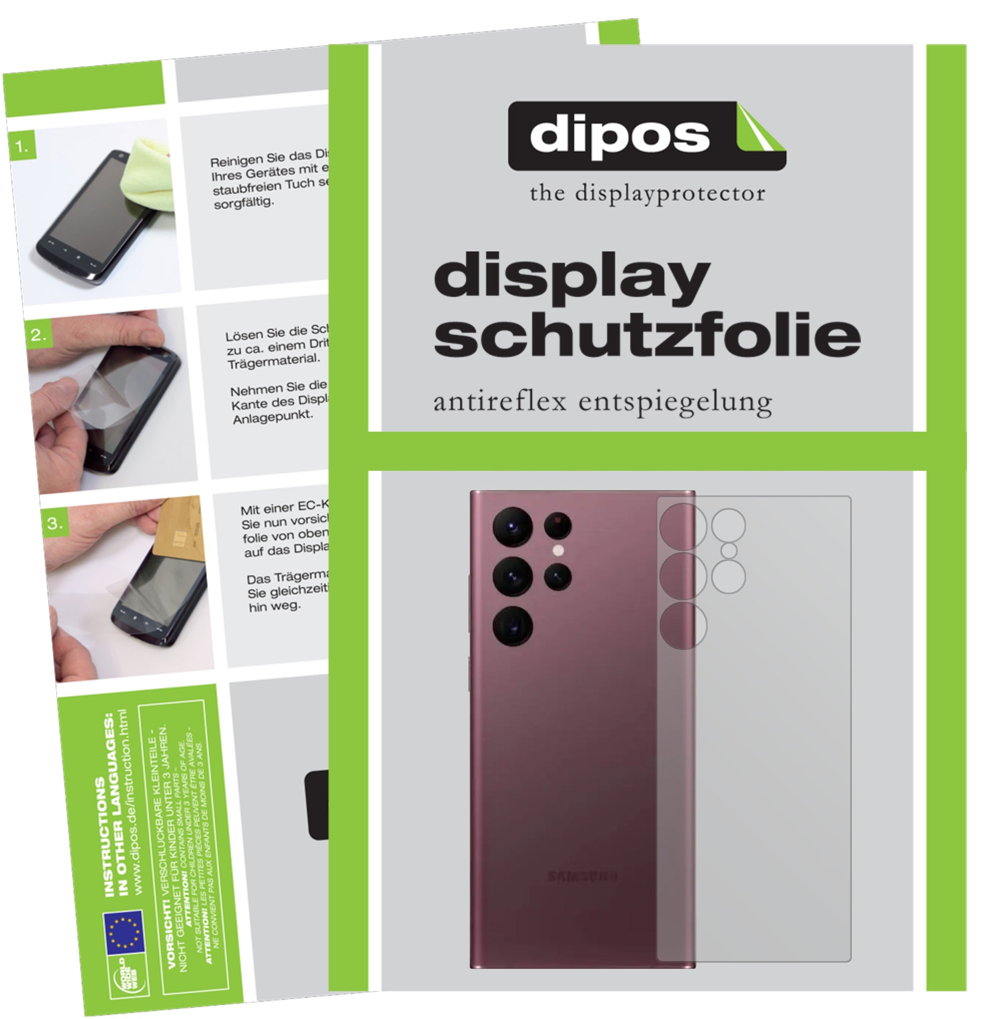Matte Displayschutzfolie von dipos passend für Samsung Galaxy S22 Ultra Rückseite, präziser Zuschnitt und blasenfrei montiert