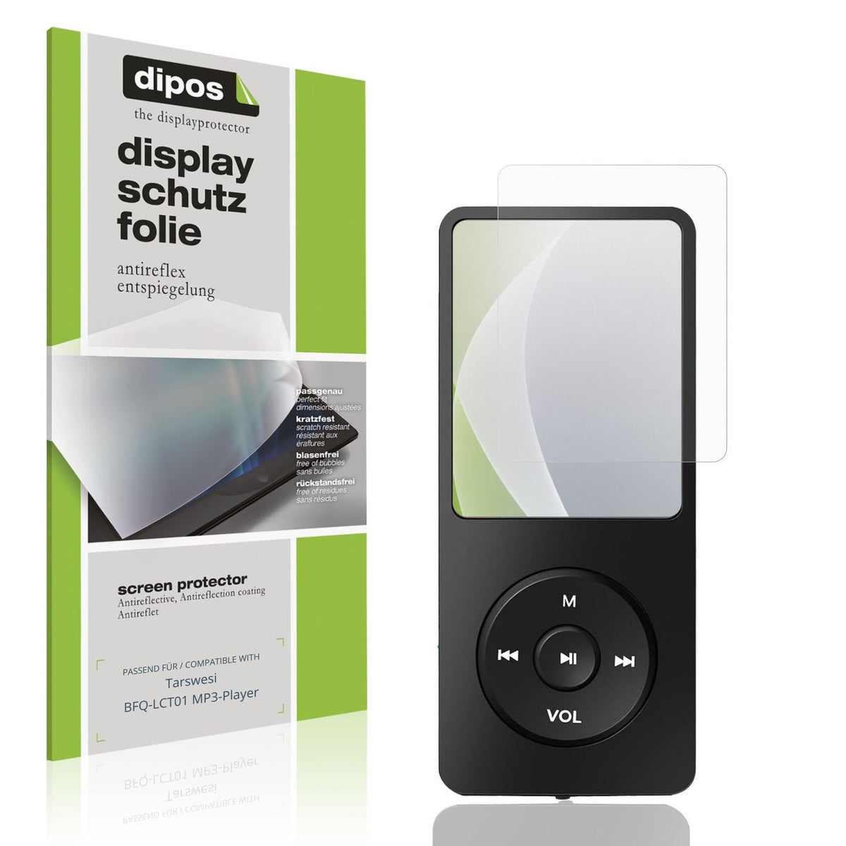Matte Displayschutzfolie von dipos passend für Tarswesi BFQ-LCT01 MP3-Player, präziser Zuschnitt und blasenfrei montiert